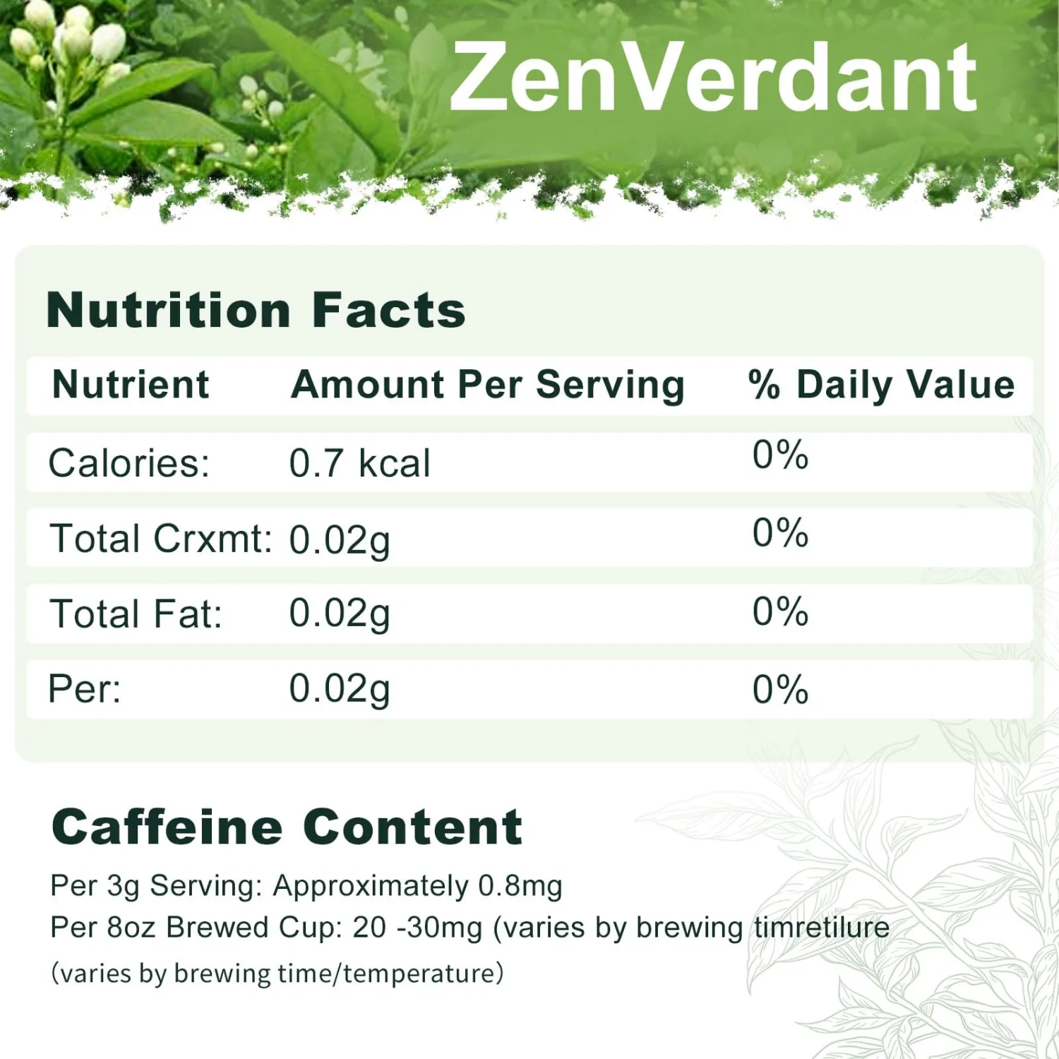 ZenVerdant Premium Jasmine Green Tea Loose Leaf, Low Caffeine, High Antioxidant, Smooth Non-Bitter, Hot & Cold Brew Ready, Intense Natural Floral Aroma