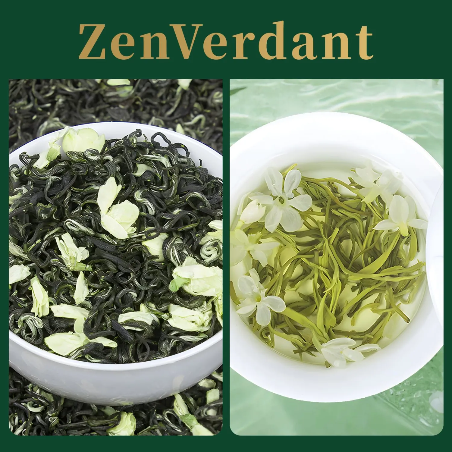ZenVerdant Premium Jasmine Green Tea Loose Leaf, Low Caffeine, High Antioxidant, Smooth Non-Bitter, Hot & Cold Brew Ready, Intense Natural Floral Aroma