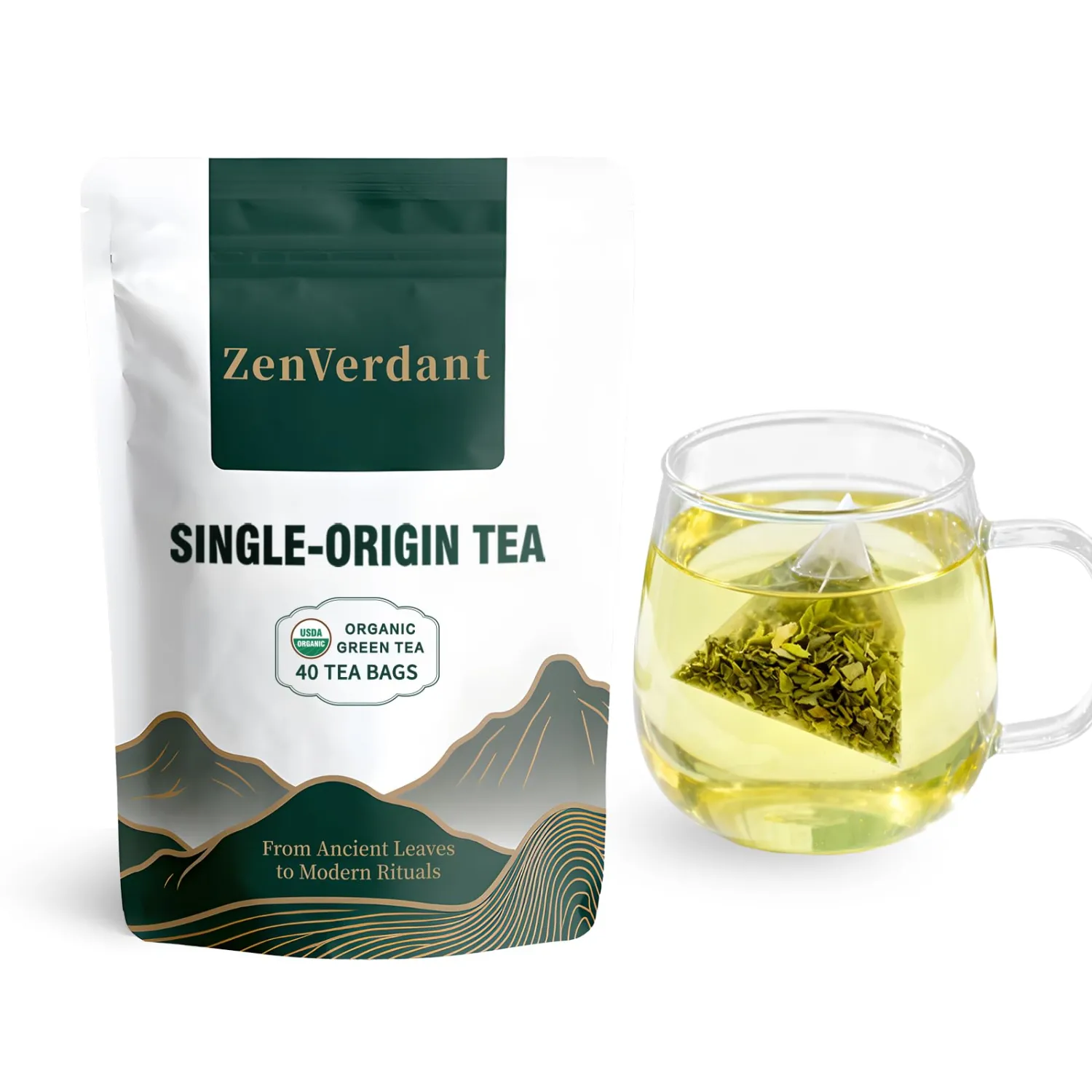 ZenVerdant Organic Sencha Green Tea Bags 40 Count | Non-Bitter Smooth Flavor, Rich Natural Taste, Refreshing Daily Brew for Home & Office