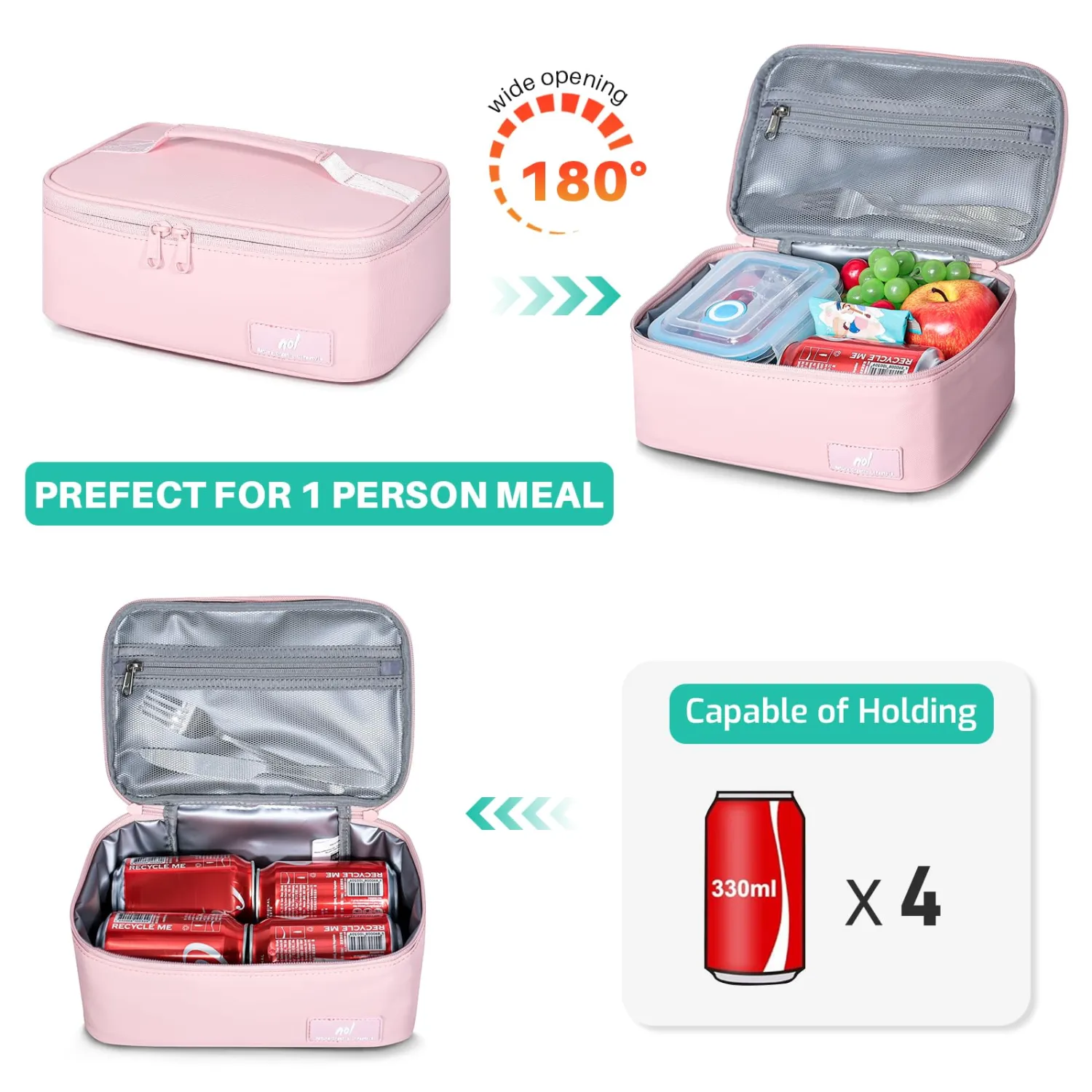 NOL Natural Organic Lifestyle Insulated Lunch Bag for Adults – Compact Cooler Lunch Box with Food-Grade Lining, Waterproof Lunch Bag for Work, Travel | Portable Thermal Meal Tote with Handle, Pink