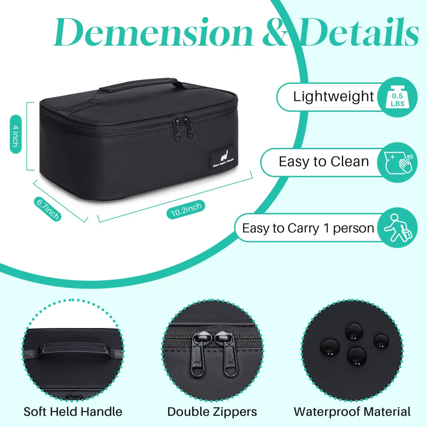 NOL Natural Organic Lifestyle Insulated Lunch Bag for Adults – Compact Cooler Lunch Box with Food-Grade Lining, Waterproof Lunch Bag for Work, Travel | Portable Thermal Meal Tote with Handle, Black