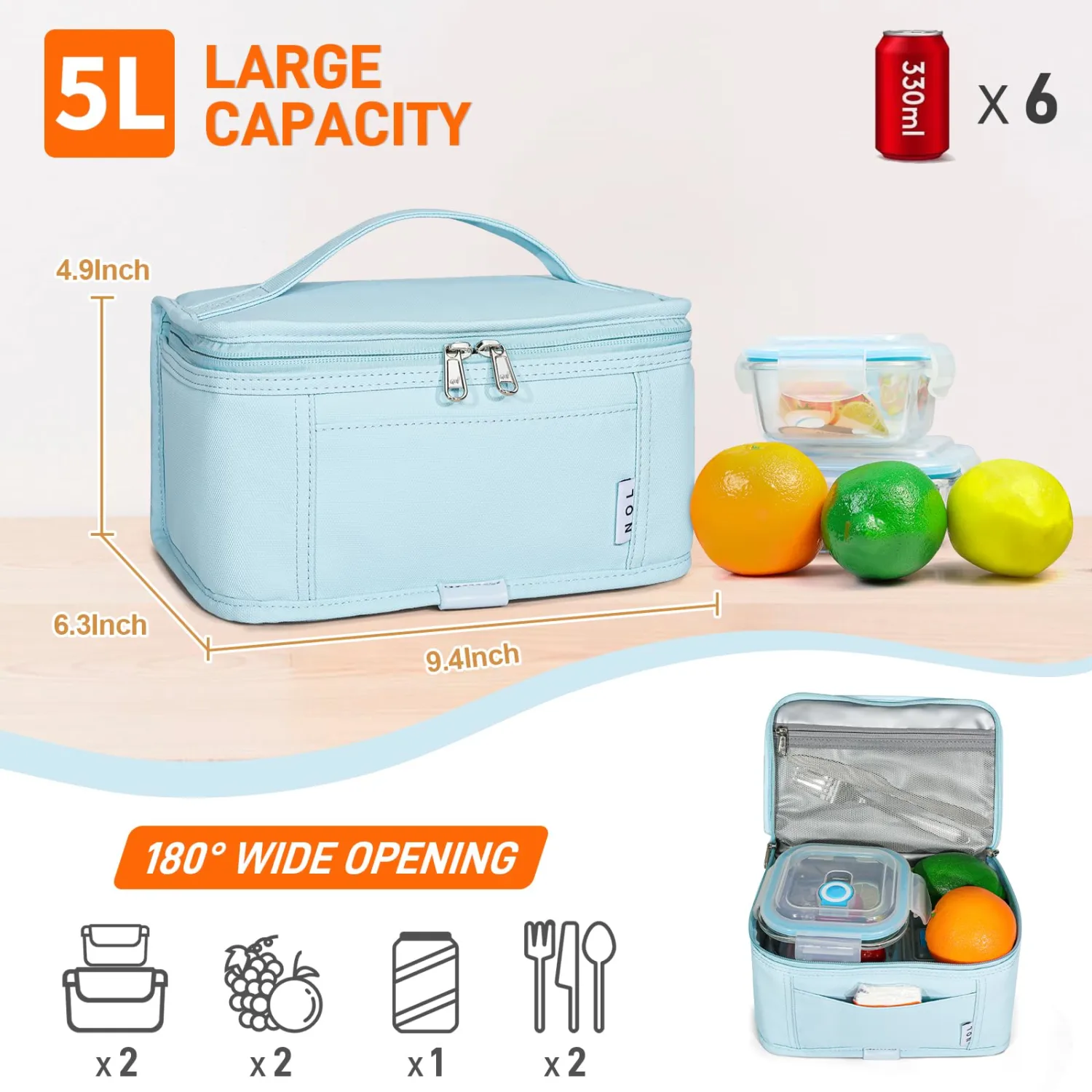 NOL Natural Organic Lifestyle Small Lunch Bag Mini Lunch Box Insulated Lunch Bag for Men/Women Leakproof Cooler Tote Bag Lightweight Nylon Waterproof Lunch Box For Work, Light blue