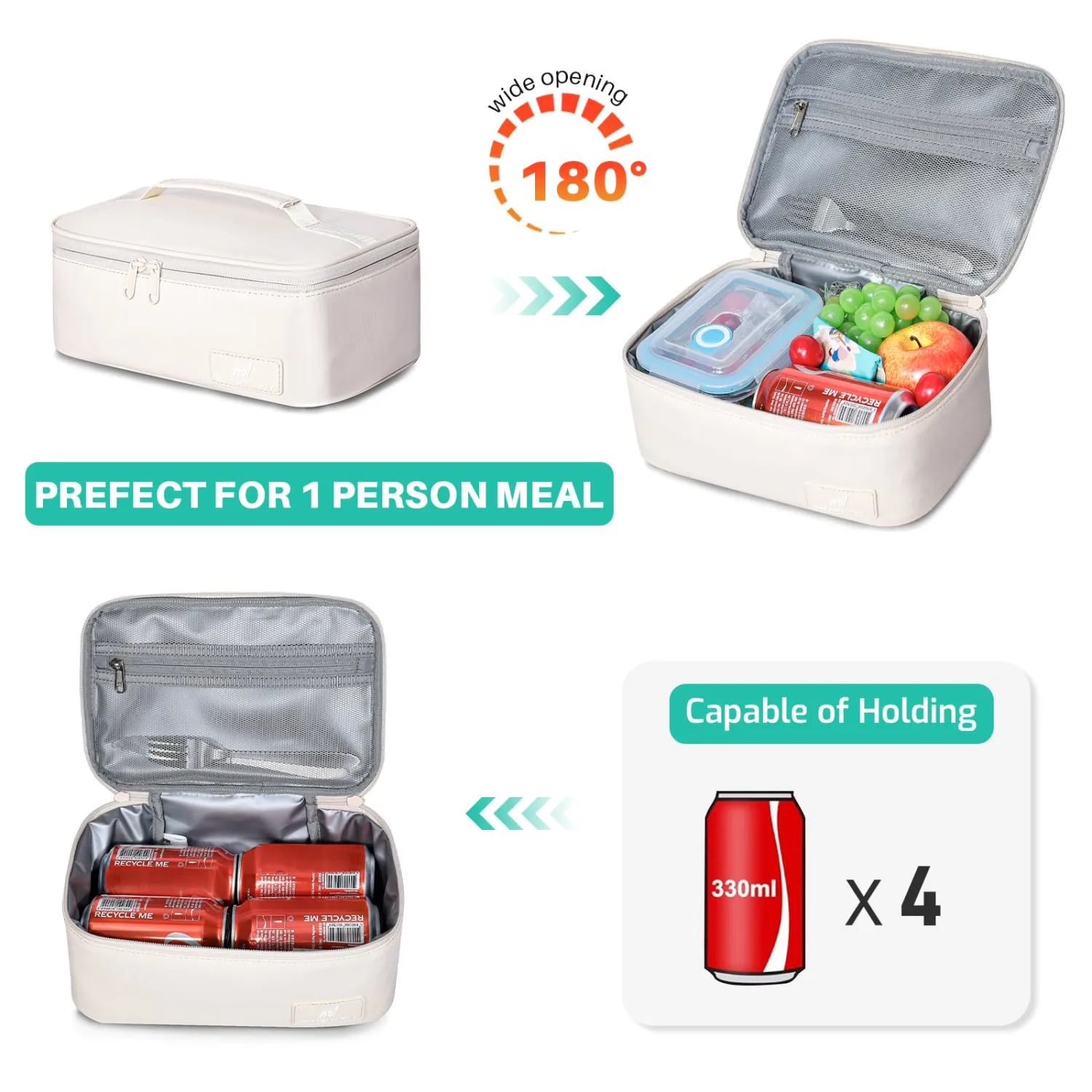 NOL Natural Organic Lifestyle Insulated Lunch Bag for Adults – Compact Cooler Lunch Box with Food-Grade Lining, Waterproof Lunch Bag for Work, Travel | Portable Thermal Meal Tote with Handle, Cream
