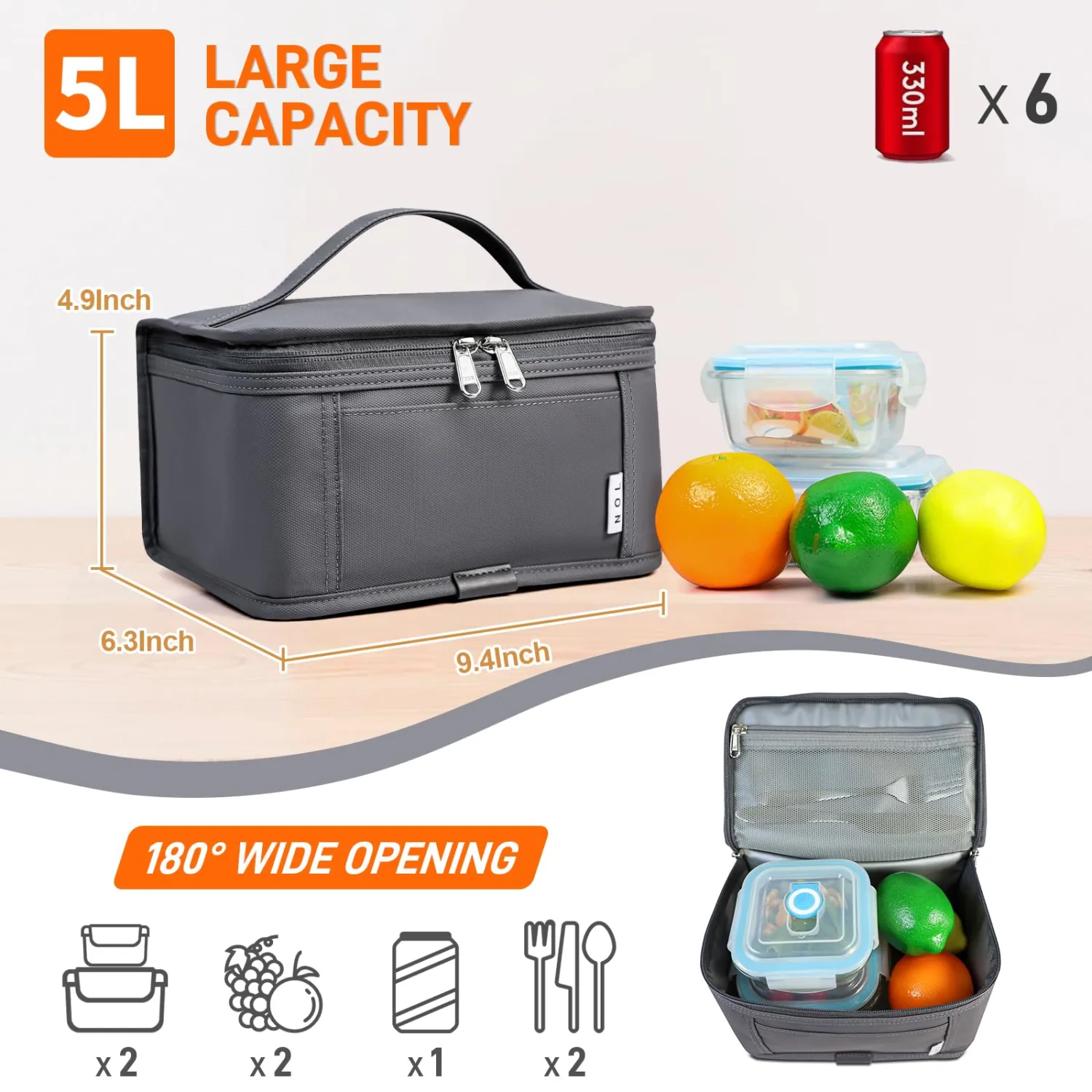 NOL Natural Organic Lifestyle Small Lunch Bag Mini Lunch Box Insulated Lunch Bag for Men/Women Leakproof Cooler Tote Bag Lightweight Nylon Waterproof Lunch Box For Work, Dark gray
