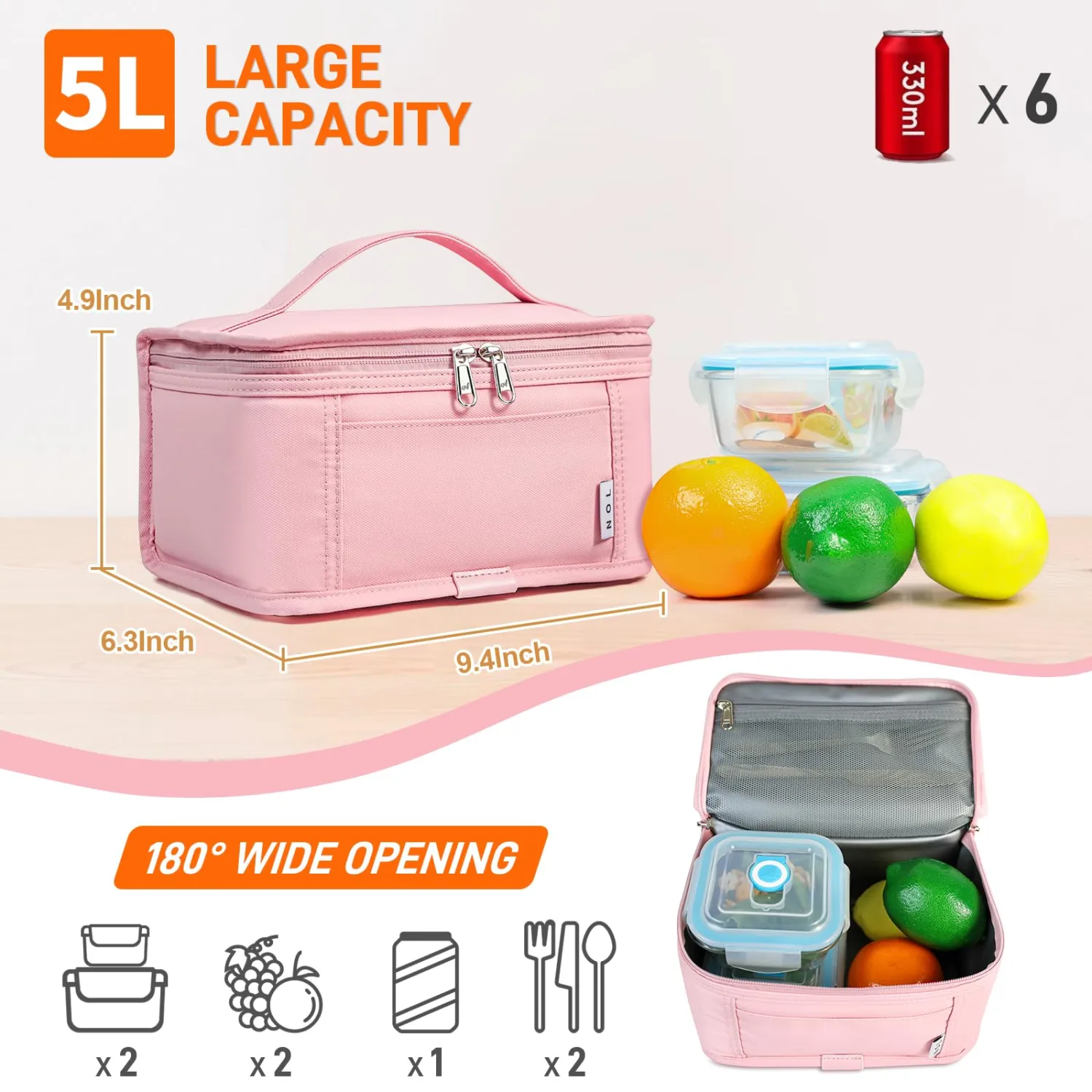 NOL Natural Organic Lifestyle Small Lunch Bag Mini Lunch Box Insulated Lunch Bag for Men/Women Leakproof Cooler Tote Bag Lightweight Nylon Waterproof Lunch Box For Work, Pink