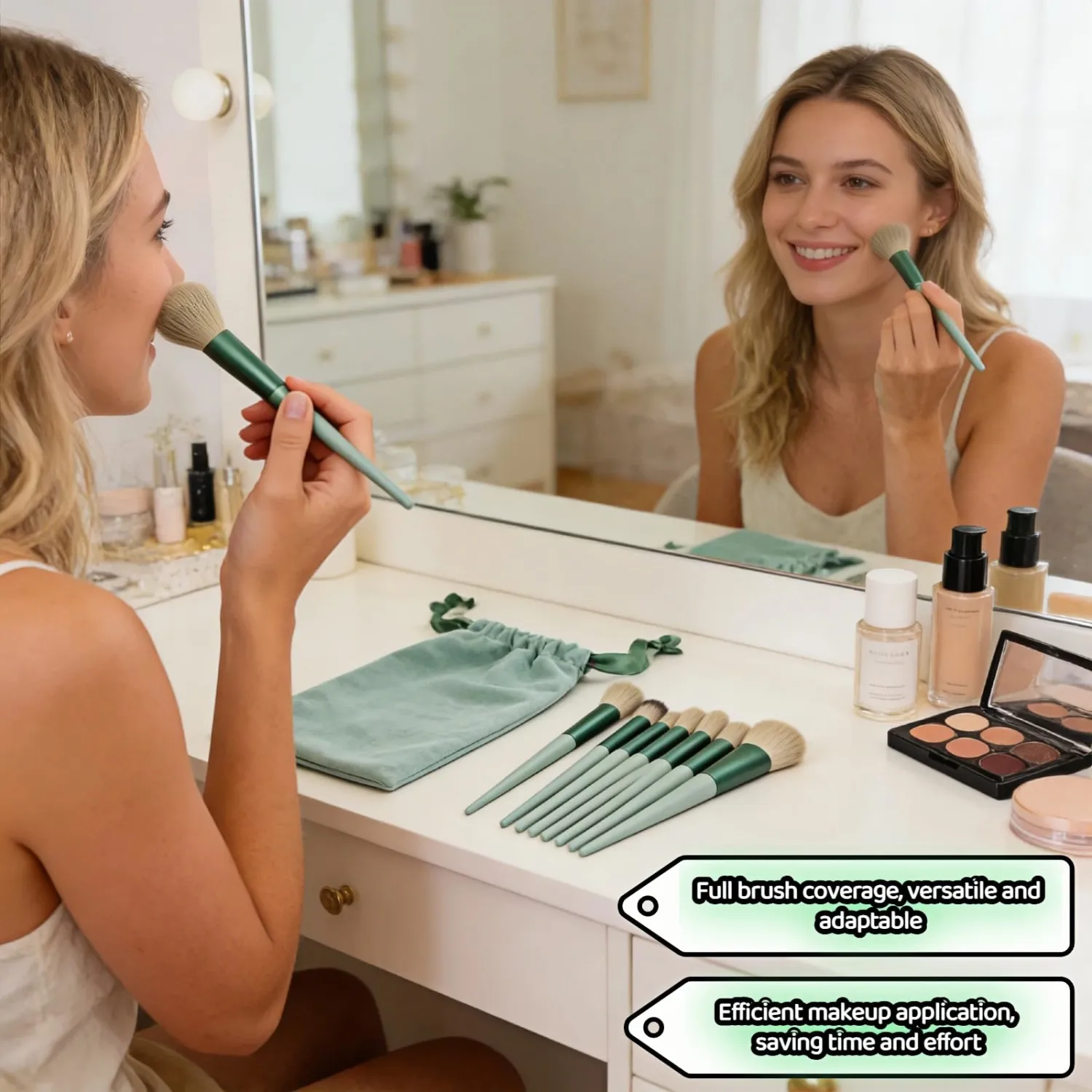 Makeup Brush Set, 13 Piece Professional Cosmetic Brushes with Pouch, Synthetic Bristles, Hypoallergenic for Face and Eye Application, Face & Eye Brush Set for Beginners to Pros (Cyan)