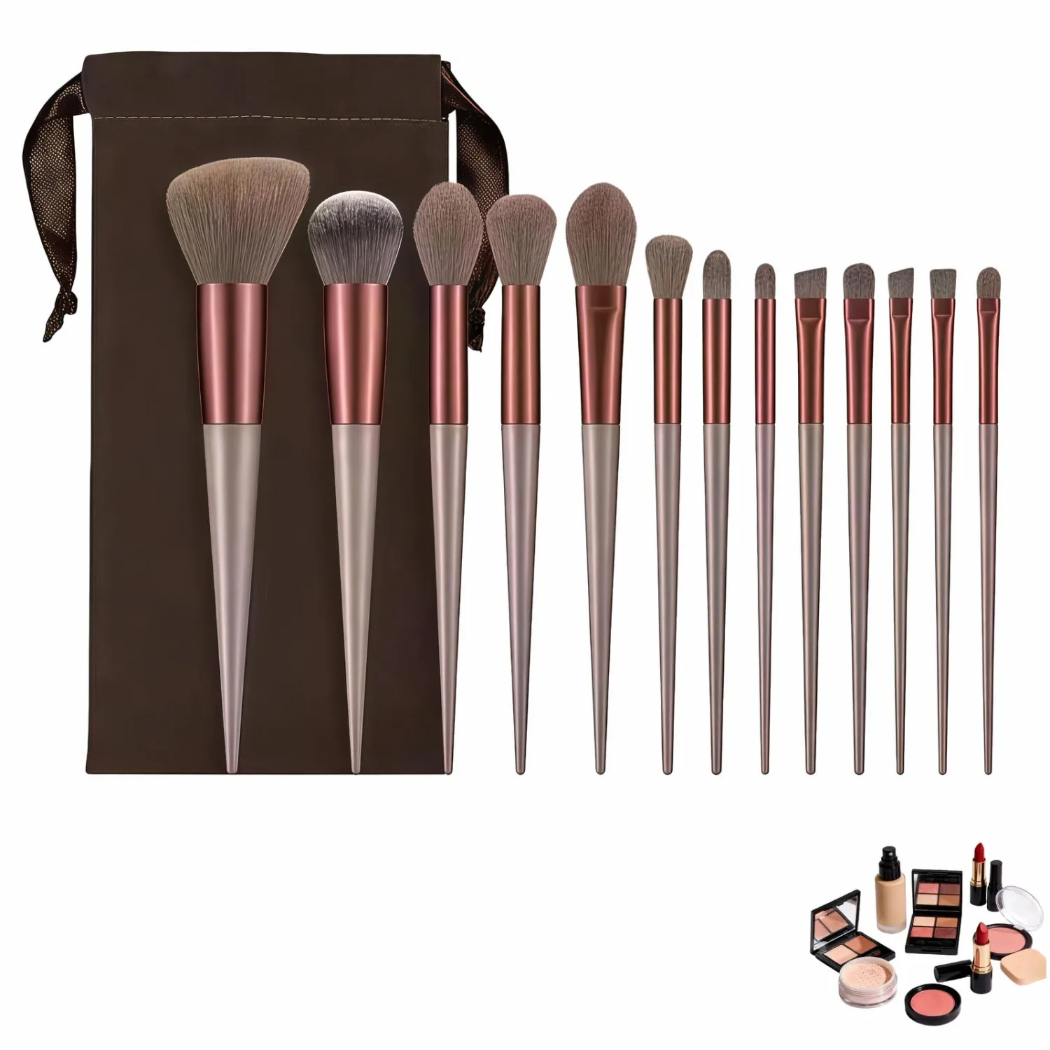 Makeup Brush Set, 13 Piece Professional Cosmetic Brushes with Pouch, Synthetic Bristles, Hypoallergenic for Face and Eye Application, Face & Eye Brush Set for Beginners to Pros (Brown)