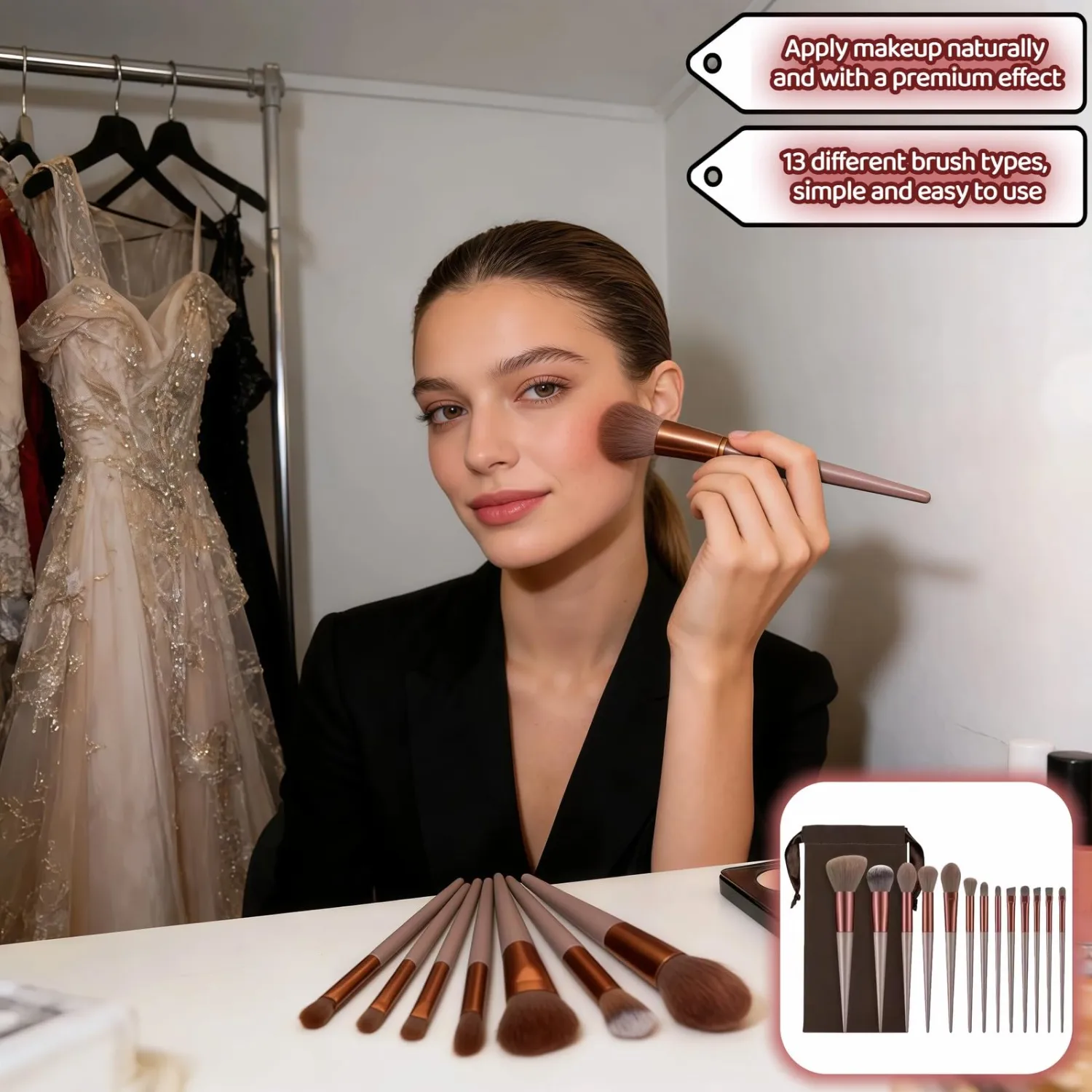Makeup Brush Set, 13 Piece Professional Cosmetic Brushes with Pouch, Synthetic Bristles, Hypoallergenic for Face and Eye Application, Face & Eye Brush Set for Beginners to Pros (Brown)