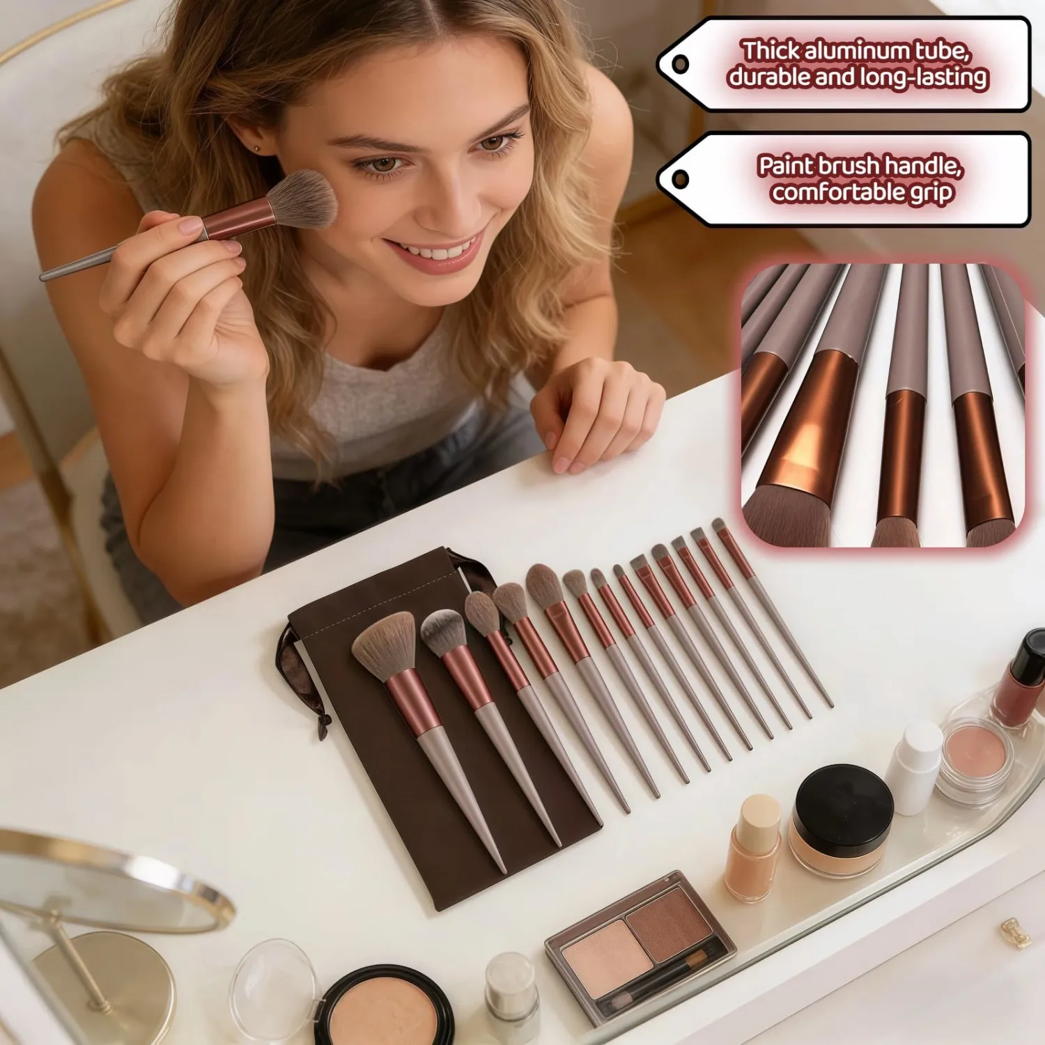 Makeup Brush Set, 13 Piece Professional Cosmetic Brushes with Pouch, Synthetic Bristles, Hypoallergenic for Face and Eye Application, Face & Eye Brush Set for Beginners to Pros (Brown)