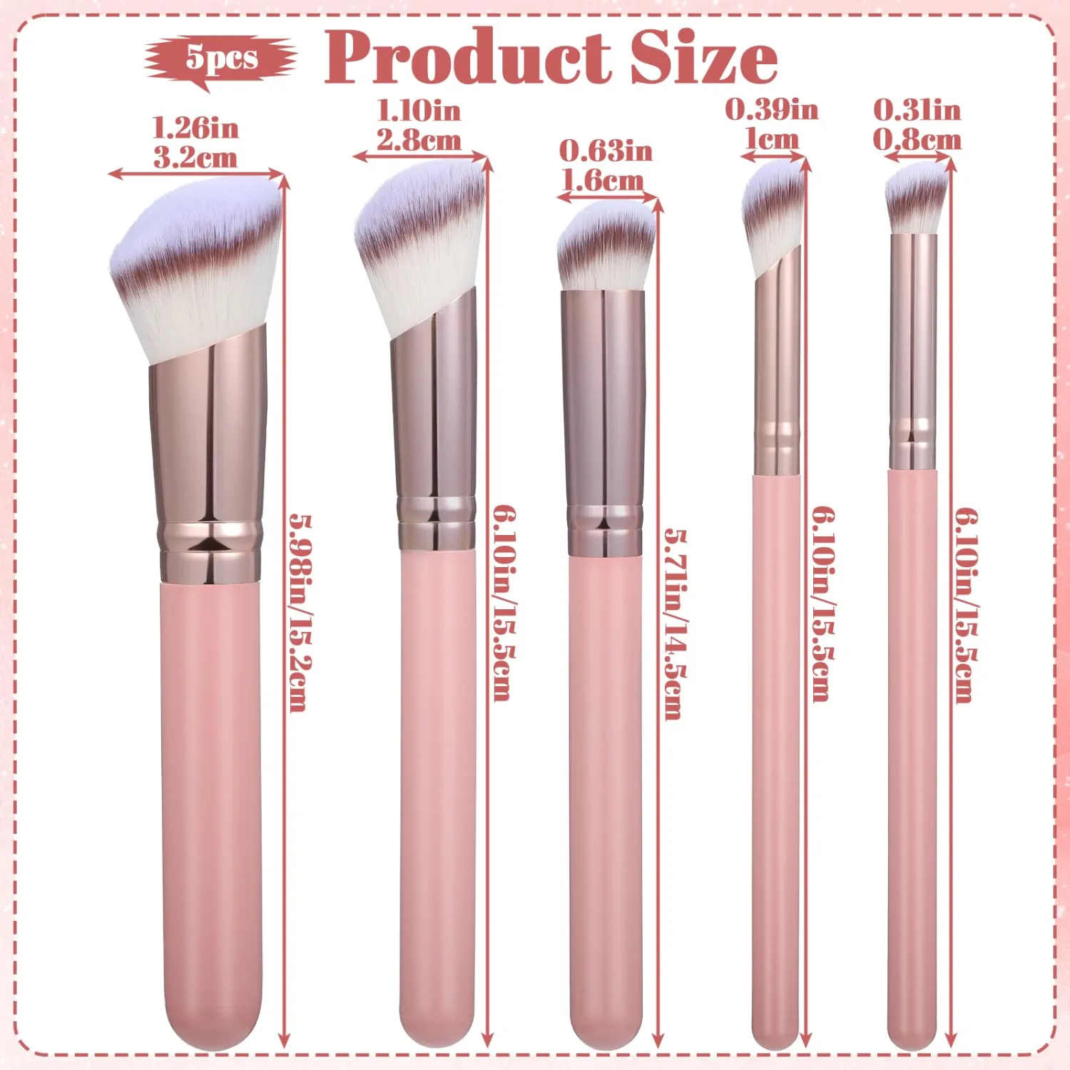 5PCS Pink Angled Makeup Brushes, Contour Concealer Foundation Brush, Contour, Eyeshadow Brush, Foundation, Powder, Contour for Women, Beauty Gift for Women