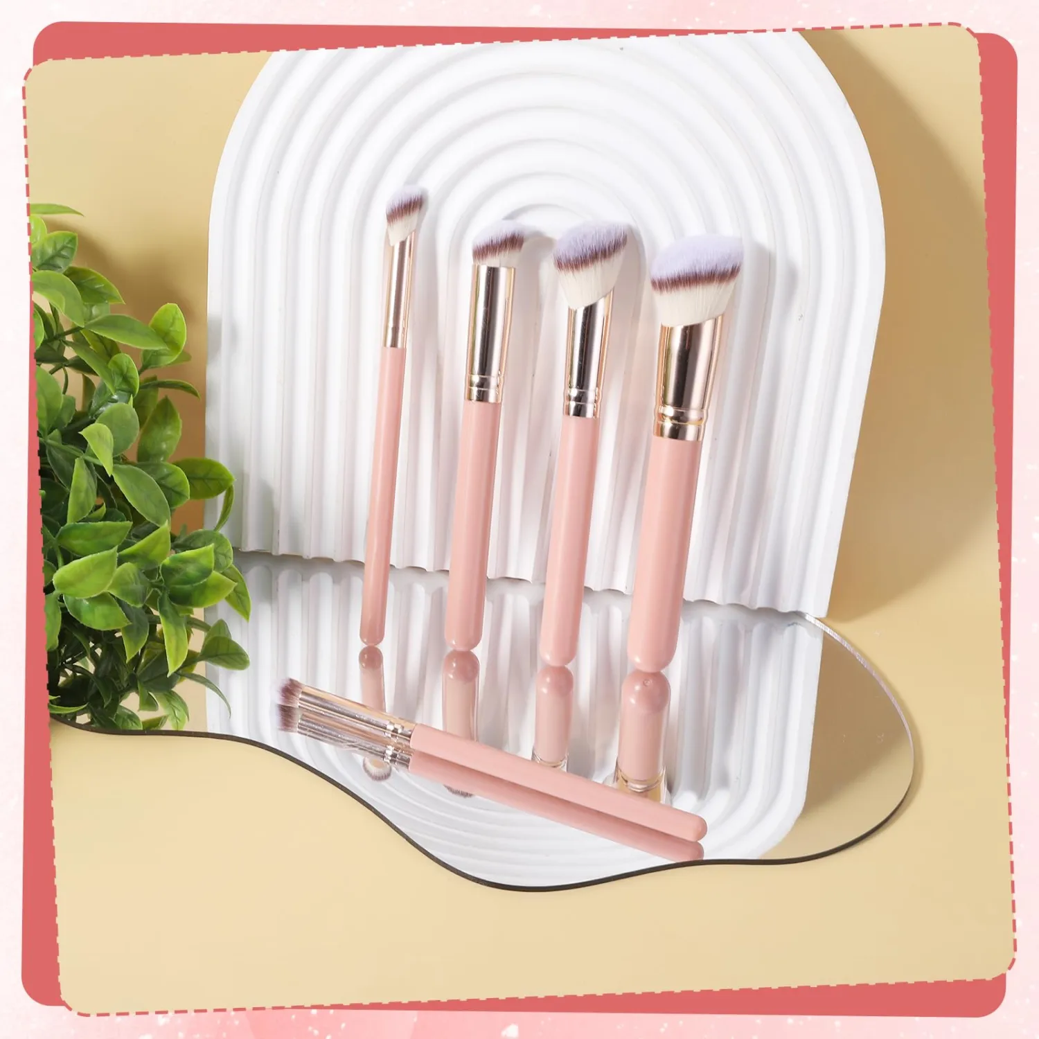 5PCS Pink Angled Makeup Brushes, Contour Concealer Foundation Brush, Contour, Eyeshadow Brush, Foundation, Powder, Contour for Women, Beauty Gift for Women
