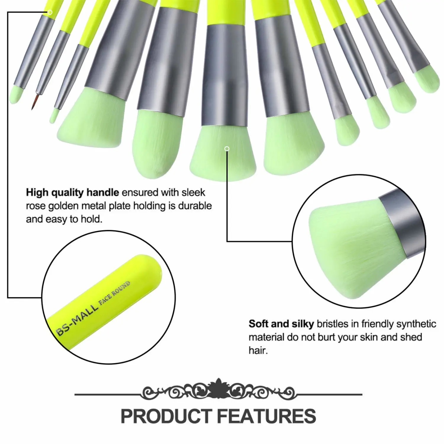 BS-MALL Makeup Brushes Premium Synthetic Foundation Powder Concealers Eye Shadows Makeup 14 Pcs Brush Set, Green Color