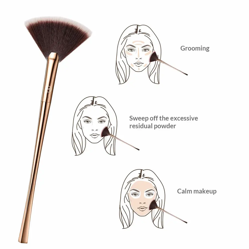 Fan Makeup Brush For Highlighter, Blush, Flutty&Powder Cosmetic Tool w/Long Handle& Anti-Champagne Gold Brush