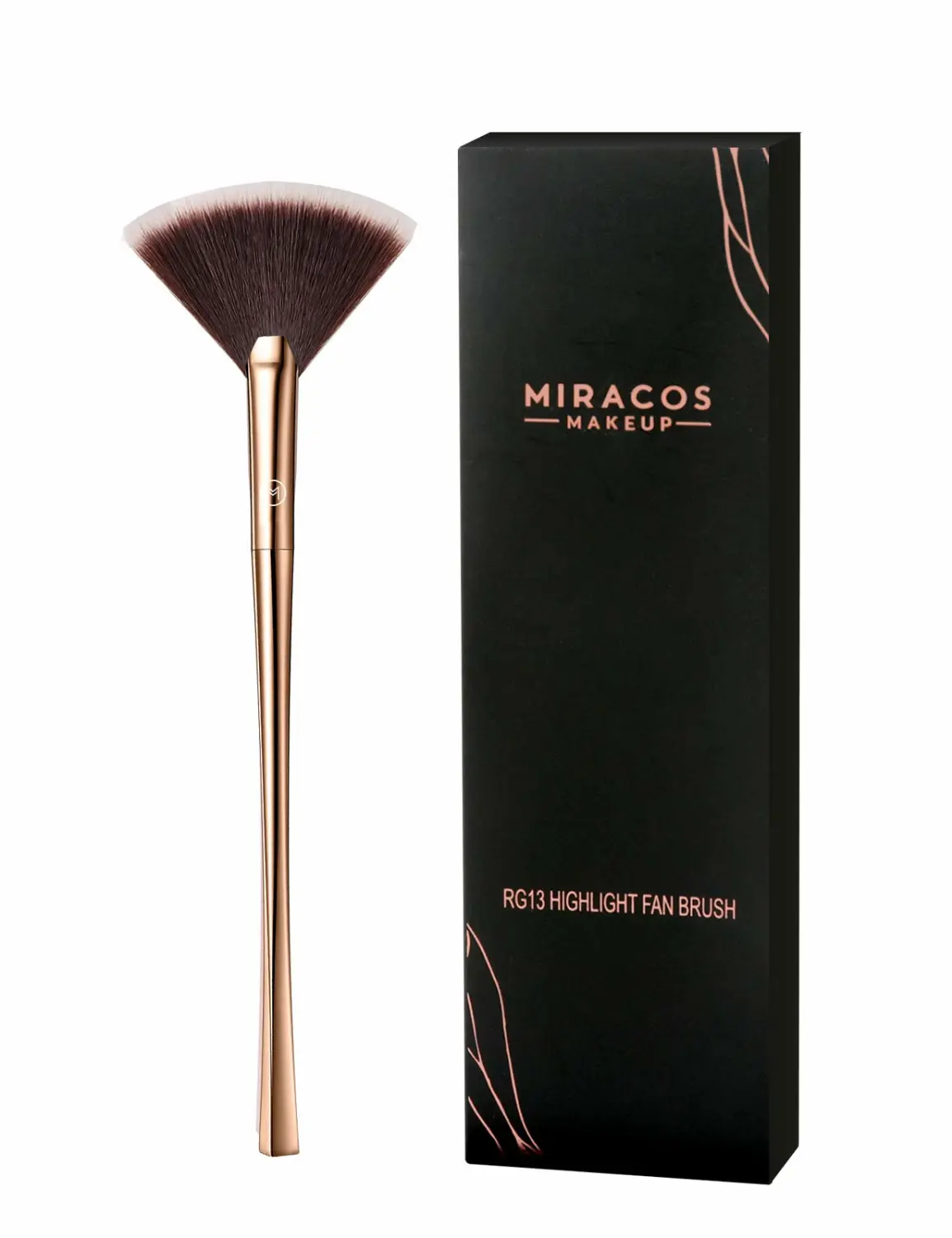 Fan Makeup Brush For Highlighter, Blush, Flutty&Powder Cosmetic Tool w/Long Handle& Anti-Champagne Gold Brush