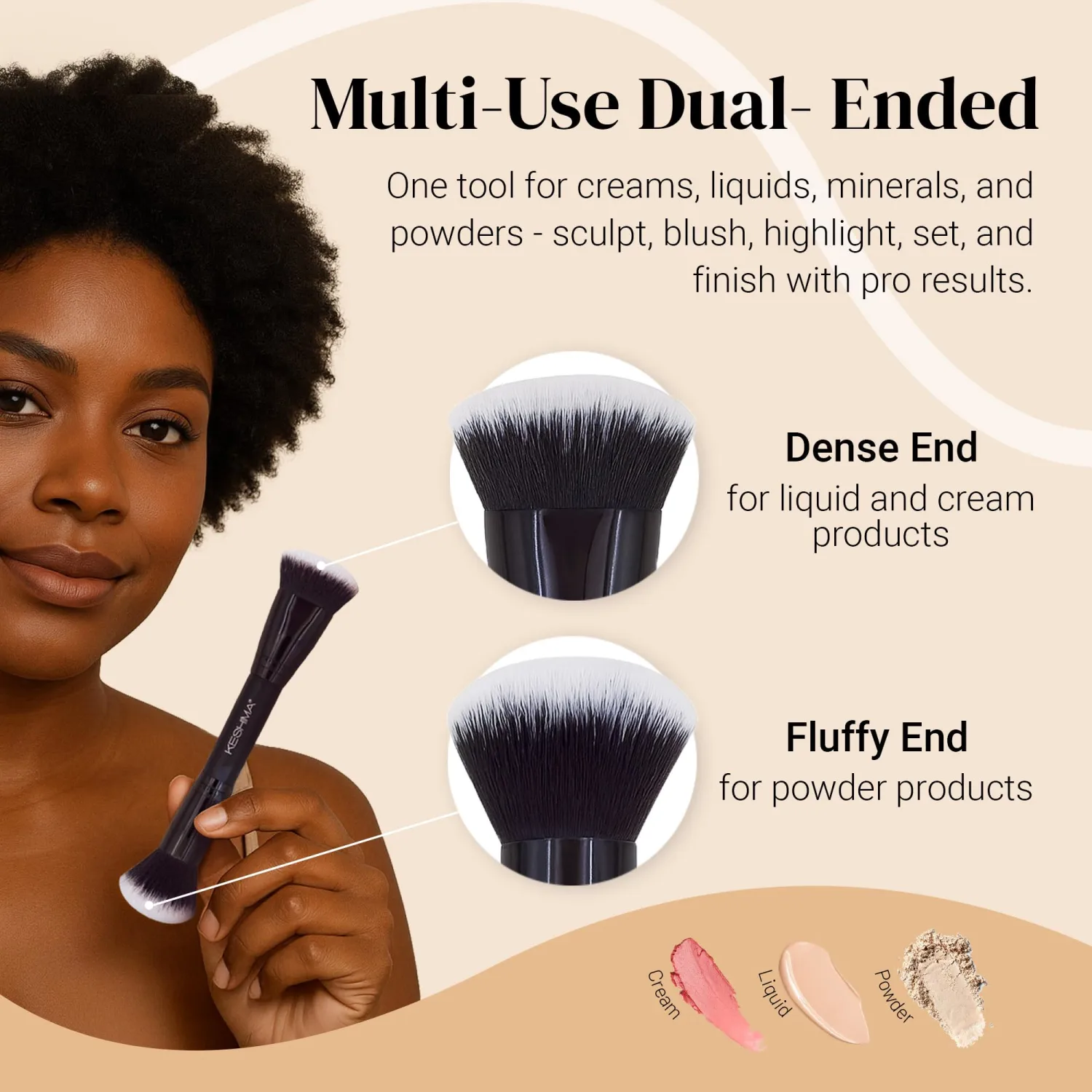Dual-Ended Blush, Bronzer & Contour Brush by Keshima - Dense Liquid End & Fluffy Powder End, Multi-Purpose Blending and Buffing for an Airbrush Finish, Works with Liquid, Cream & Powder, Black