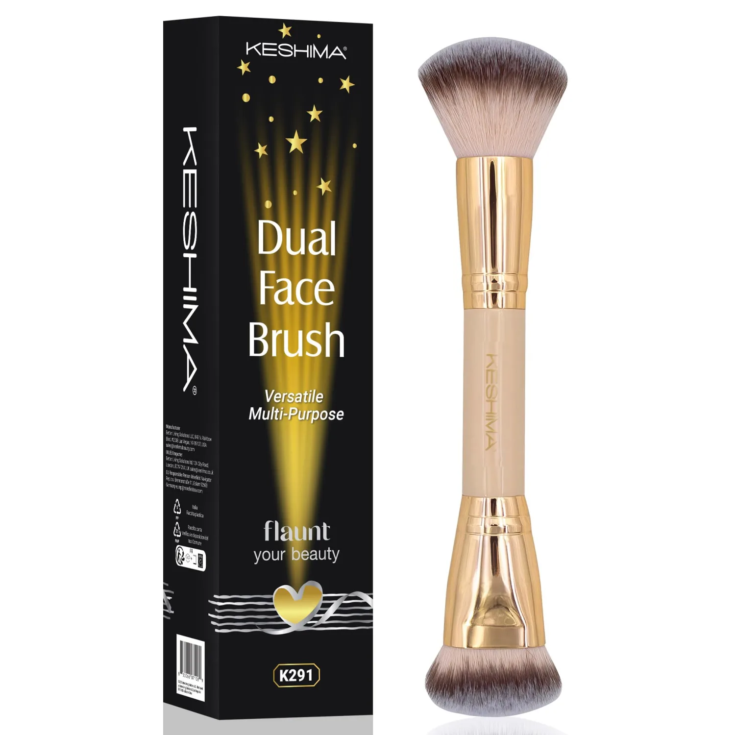 Dual-Ended Blush, Bronzer & Contour Brush by Keshima - Dense Liquid End & Fluffy Powder End, Multi-Purpose Blending and Buffing for an Airbrush Finish, Works with Liquid, Cream & Powder, Gold