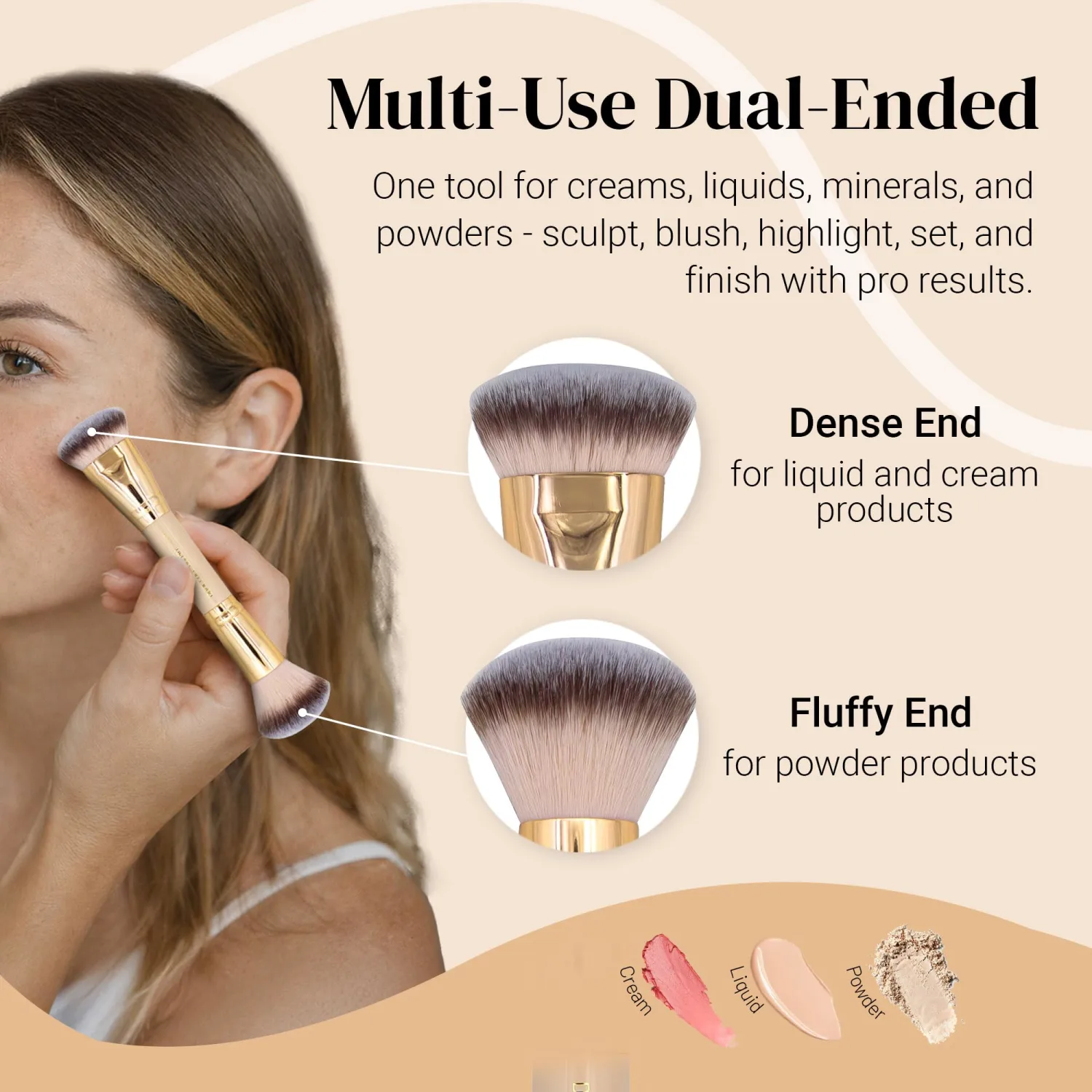 Dual-Ended Blush, Bronzer & Contour Brush by Keshima - Dense Liquid End & Fluffy Powder End, Multi-Purpose Blending and Buffing for an Airbrush Finish, Works with Liquid, Cream & Powder, Gold