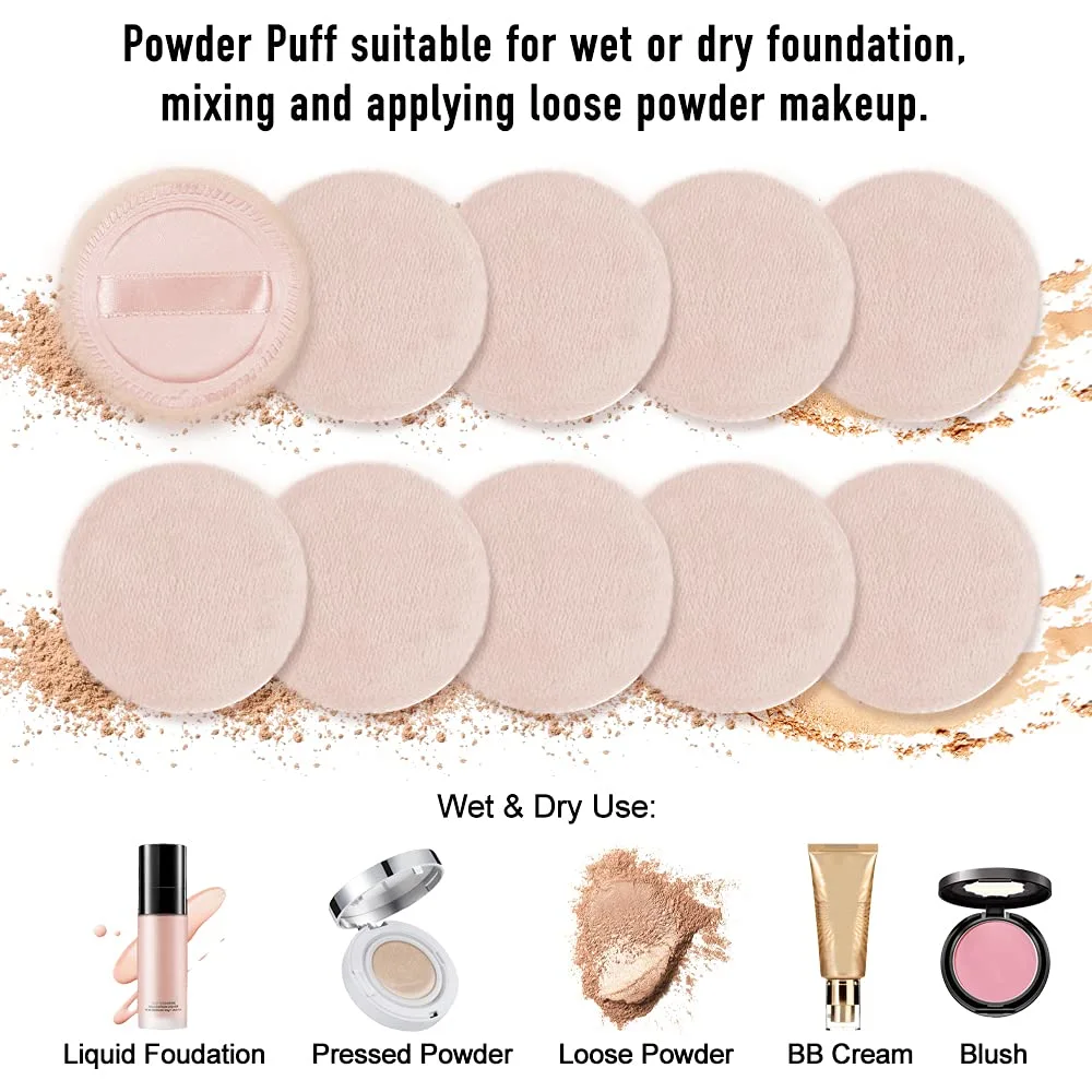 10pcs Powder Puff Cotton Cosmetic Face Makeup Powder Puffs Pads with Ribbon for Loose and Foundation 2.36 inch. (Beige)