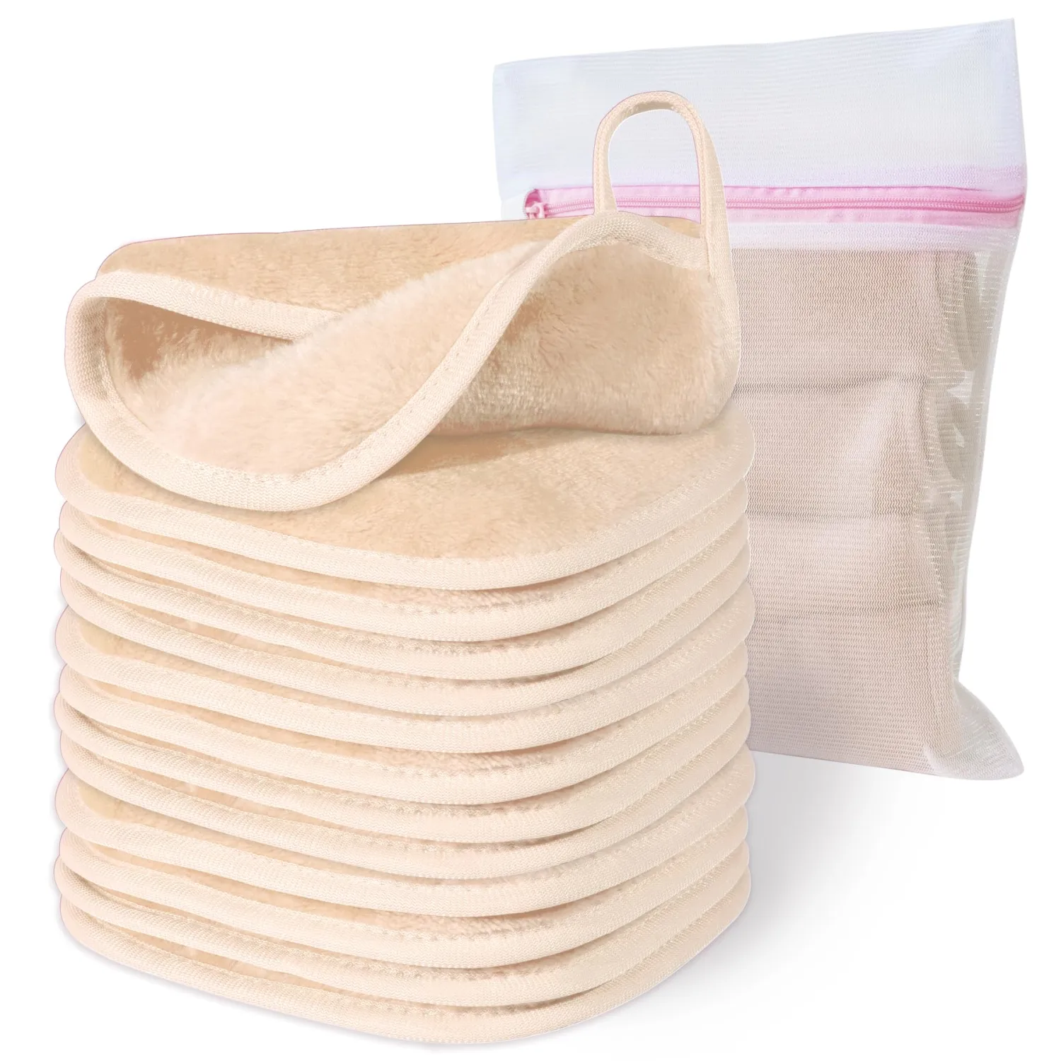 Makeup Remover Cloth, 6" x 6" Make Up Towels Reusable Face Cloth for Washing Face, 12 Pack Makeup Remover Pads Microfiber Face Washcloth with Mesh Bag, Beige