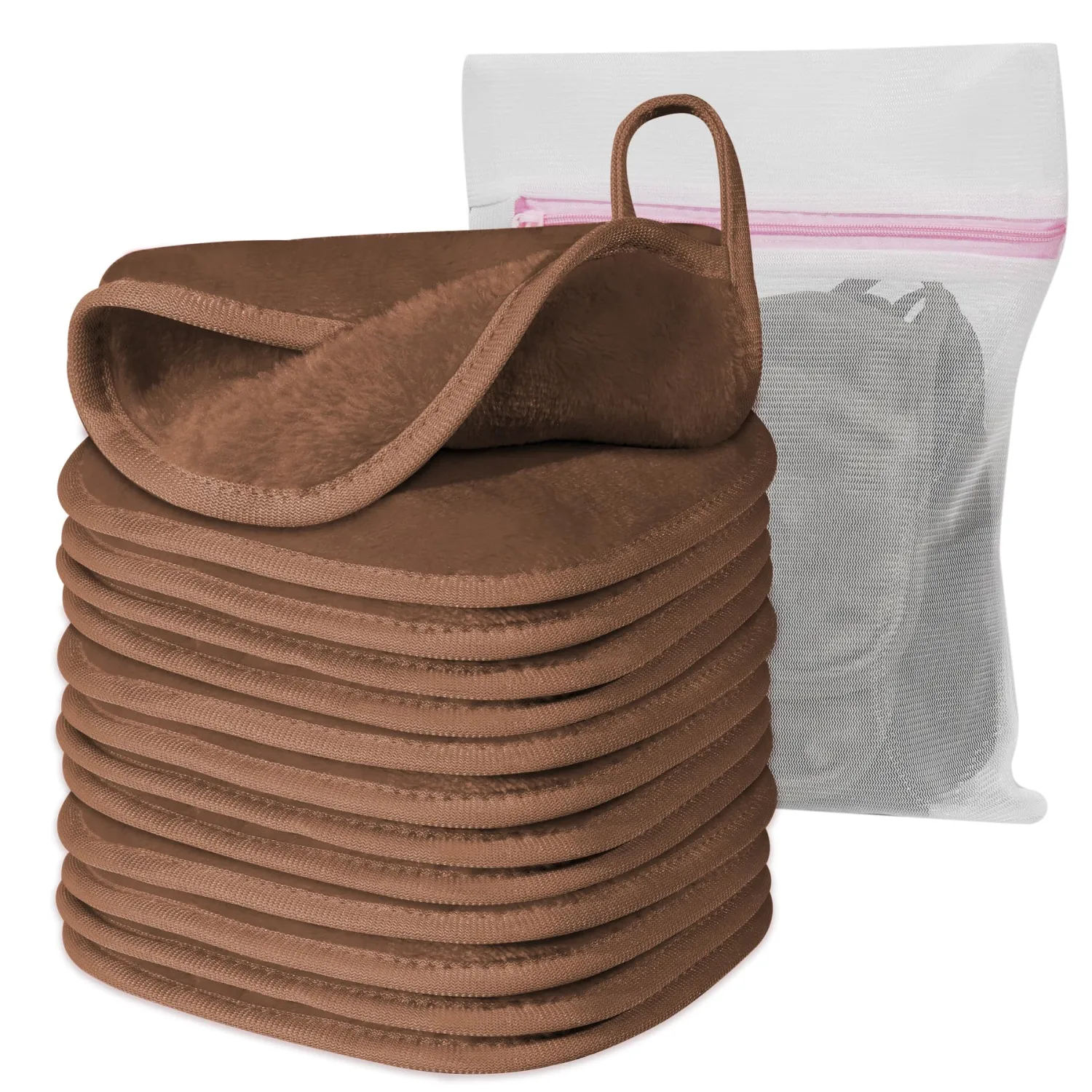 Makeup Remover Cloth, 6" x 6" Make Up Towels Reusable Face Cloth for Washing Face, Makeup Remover Pads Microfiber Face Washcloth with Mesh Bag, Just Water, 12 Pack, Brown