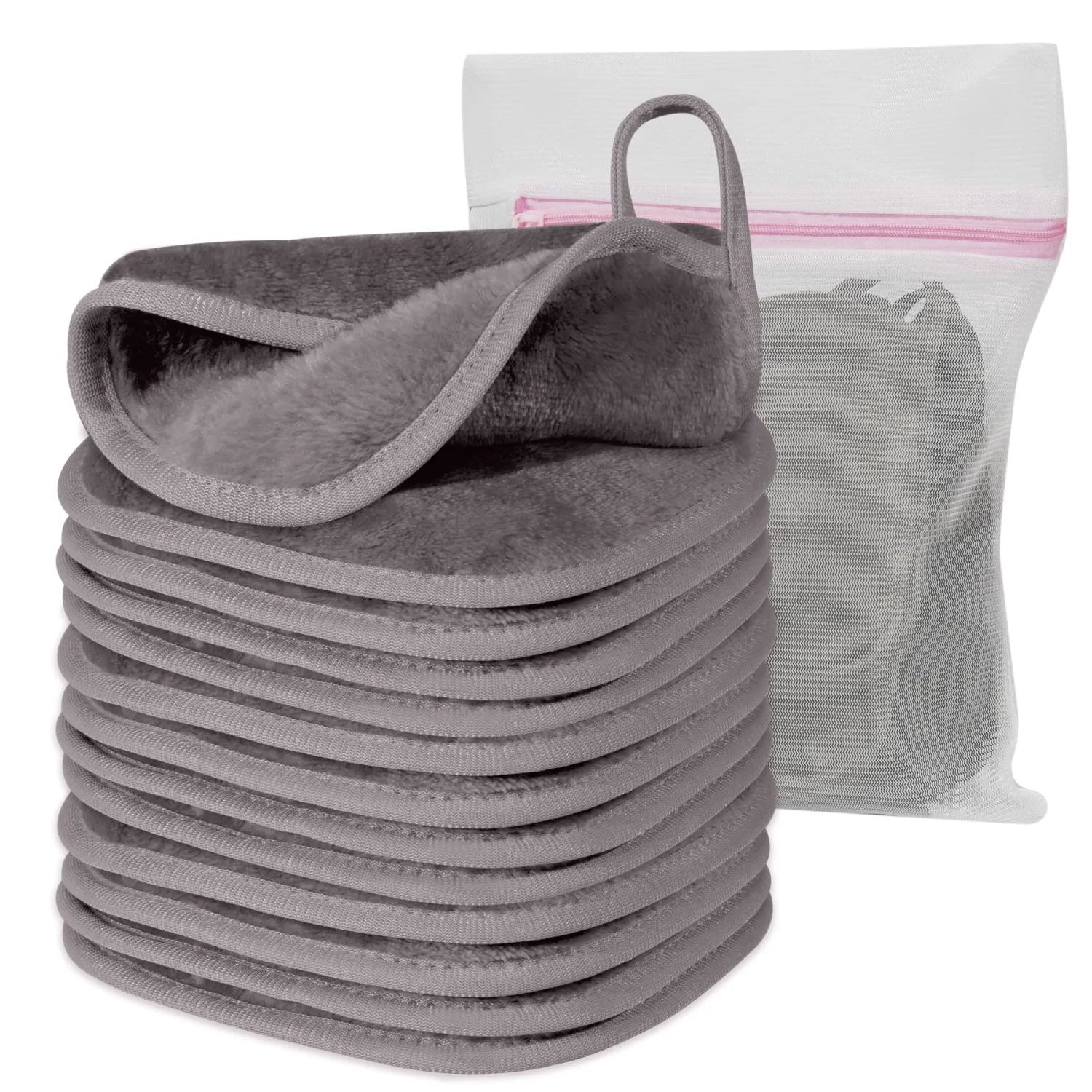 Makeup Remover Cloth, 6" x 6" Make Up Towels Reusable Face Cloth for Washing Face, Makeup Remover Pads Microfiber Face Washcloth with Mesh Bag, Just Water, 12 Pack, Cool Grey