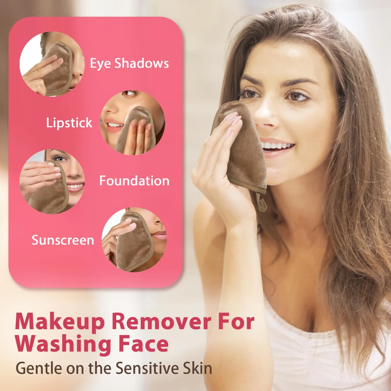 Makeup Remover Cloth, 6" x 6" Make Up Towels Reusable Face Cloth for Washing Face, Makeup Remover Pads Microfiber Face Washcloth with Mesh Bag, Just Water, 12 Pack, Light Brown