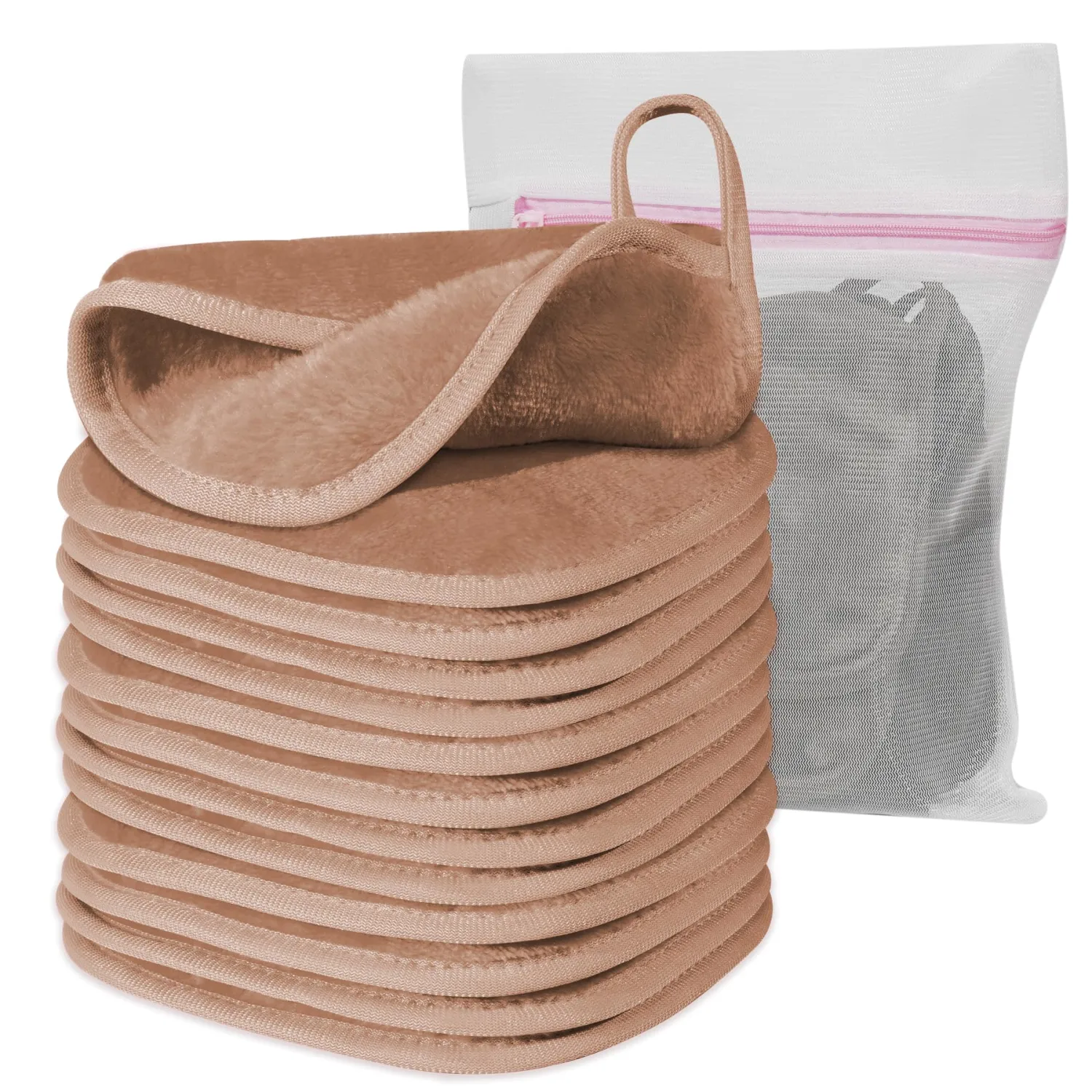 Makeup Remover Cloth, 6" x 6" Make Up Towels Reusable Face Cloth for Washing Face, Makeup Remover Pads Microfiber Face Washcloth with Mesh Bag, Just Water, 12 Pack, Light Brown