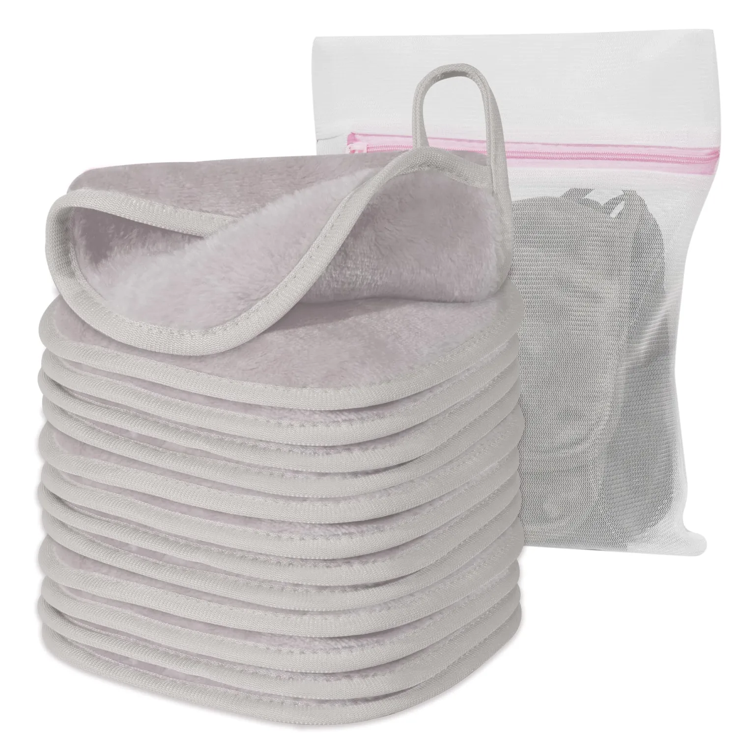 Makeup Remover Cloth, 6" x 6" Make Up Towels Reusable Face Cloth for Washing Face, 12 Pack Makeup Remover Pads Microfiber Face Washcloth with Mesh Bag, Light Grey