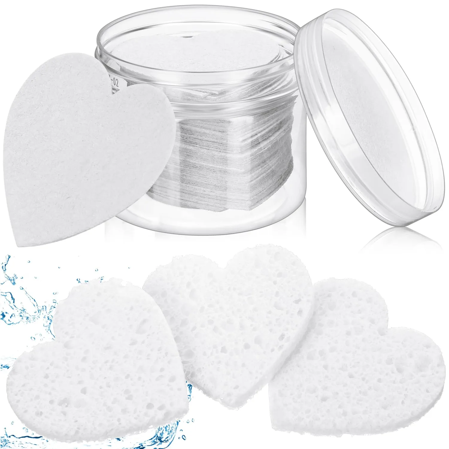 Nuenen 60 Pieces Facial Sponges with Container, Heart Shape Compressed Face Sponges Natural Cleaning Pads for Washing Face Cleaning Exfoliating Esthetician Makeup Removal(White)
