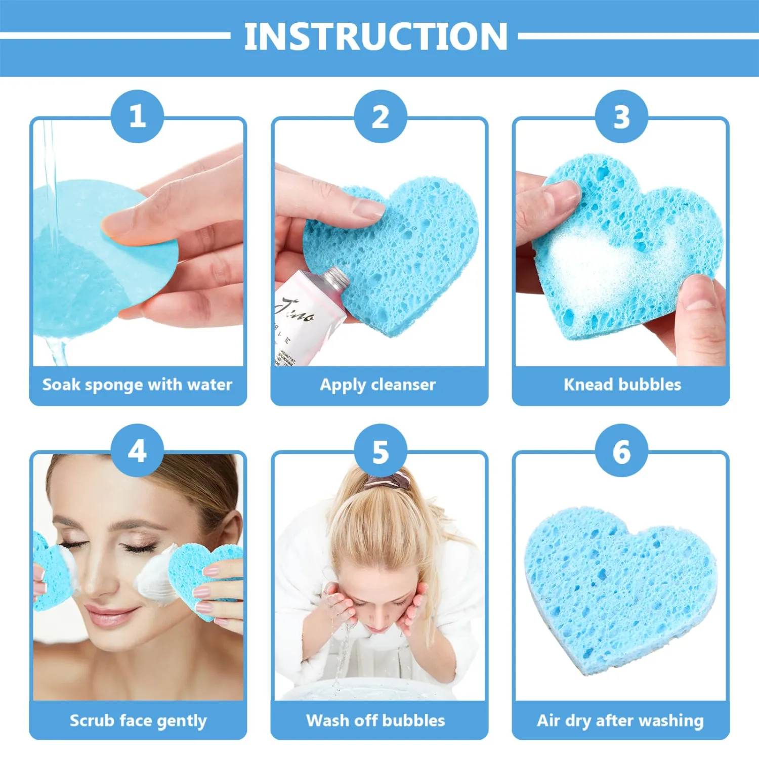 Nuenen 60 Pieces Facial Sponges with Container, Heart Shape Compressed Face Sponges Natural Cleaning Pads for Washing Face Cleaning Exfoliating Esthetician Makeup Removal (Light Blue)