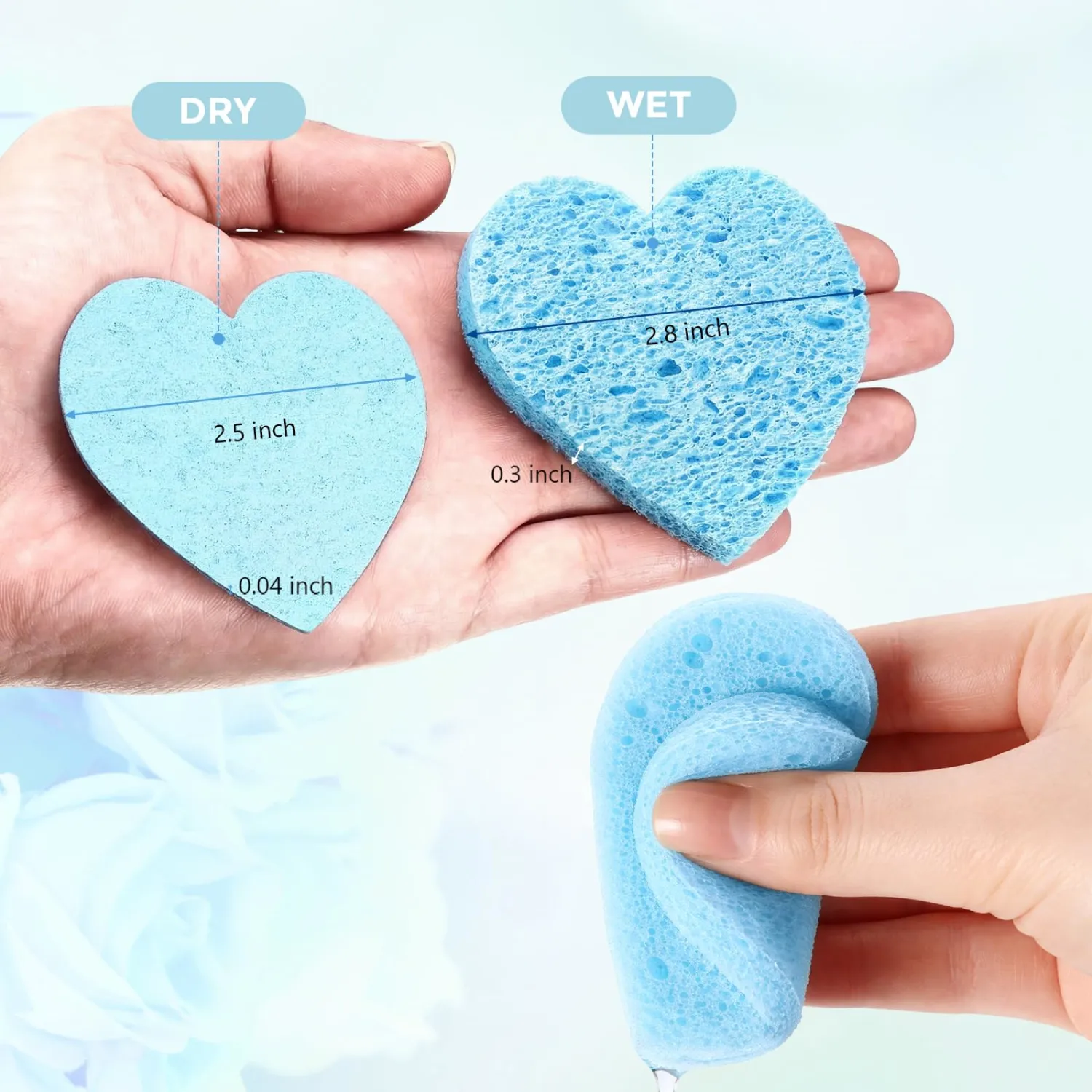 Nuenen 60 Pieces Facial Sponges with Container, Heart Shape Compressed Face Sponges Natural Cleaning Pads for Washing Face Cleaning Exfoliating Esthetician Makeup Removal (Light Blue)