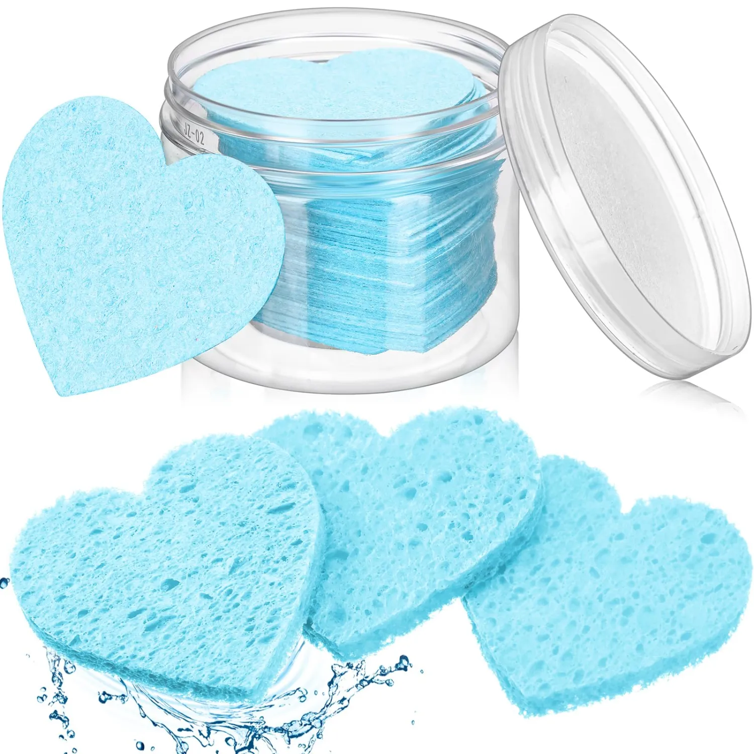 Nuenen 60 Pieces Facial Sponges with Container, Heart Shape Compressed Face Sponges Natural Cleaning Pads for Washing Face Cleaning Exfoliating Esthetician Makeup Removal (Light Blue)