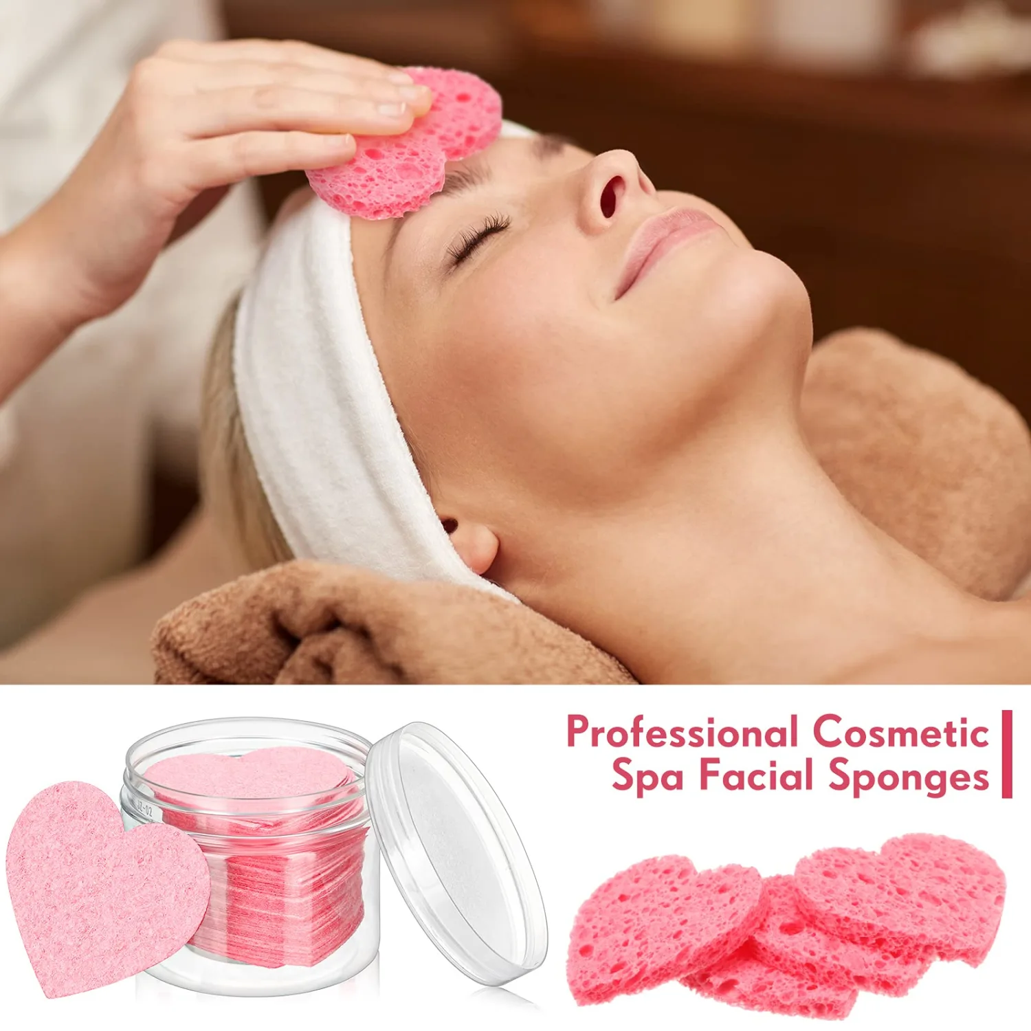 Nuenen 60 Pieces Facial Sponges with Container, Heart Shape Compressed Face Sponges Natural Cleaning Pads for Washing Face Cleaning Exfoliating Esthetician Makeup Removal(Pink)