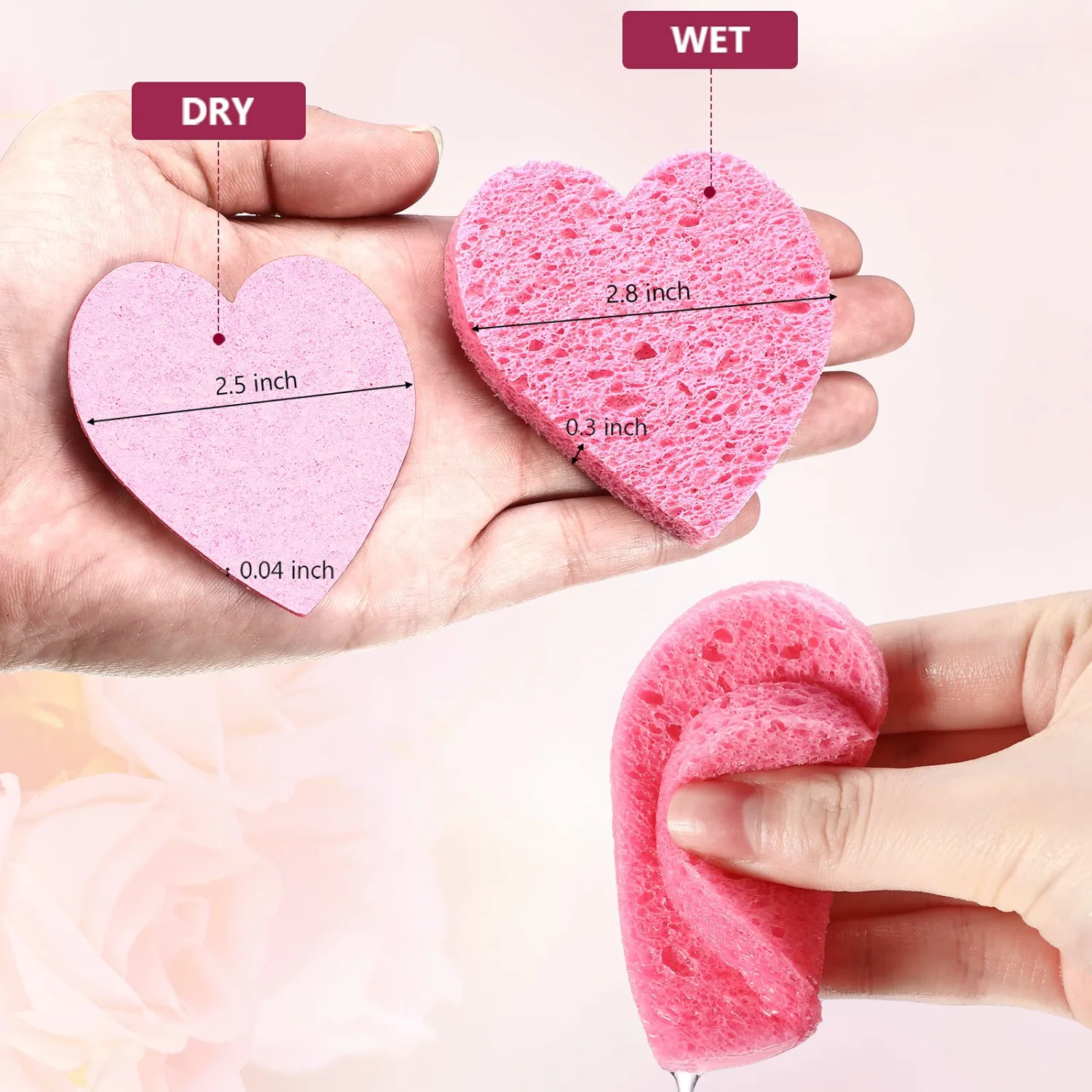 Nuenen 60 Pieces Facial Sponges with Container, Heart Shape Compressed Face Sponges Natural Cleaning Pads for Washing Face Cleaning Exfoliating Esthetician Makeup Removal(Pink)