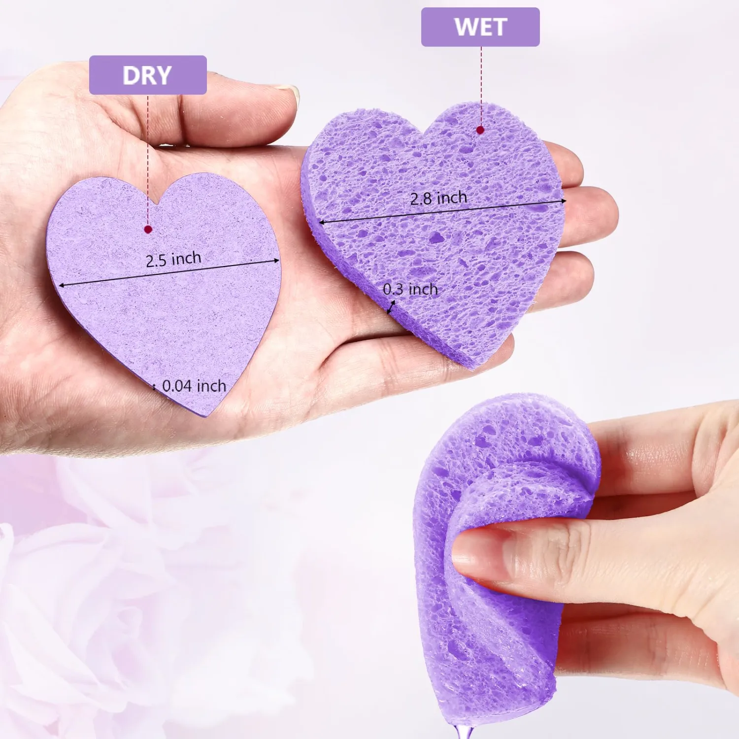 Nuenen 60 Pieces Facial Sponges with Container, Heart Shape Compressed Face Sponges Natural Cleaning Pads for Washing Face Cleaning Exfoliating Esthetician Makeup Removal(Purple)