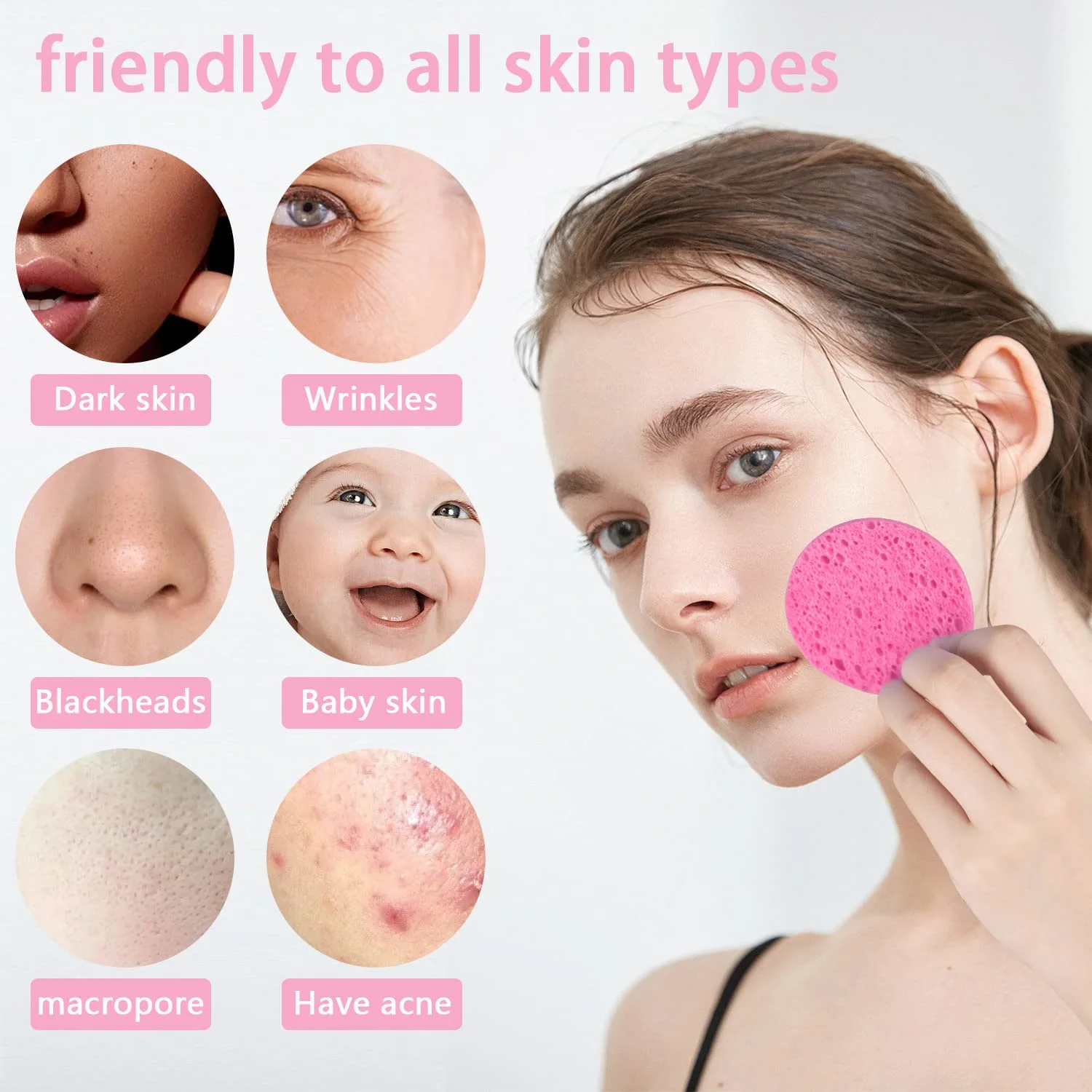50-Count Facial Sponges, Compressed Natural Cellulose, Pink, Round Shape, Face Cleansing, Exfoliating, Makeup Removal