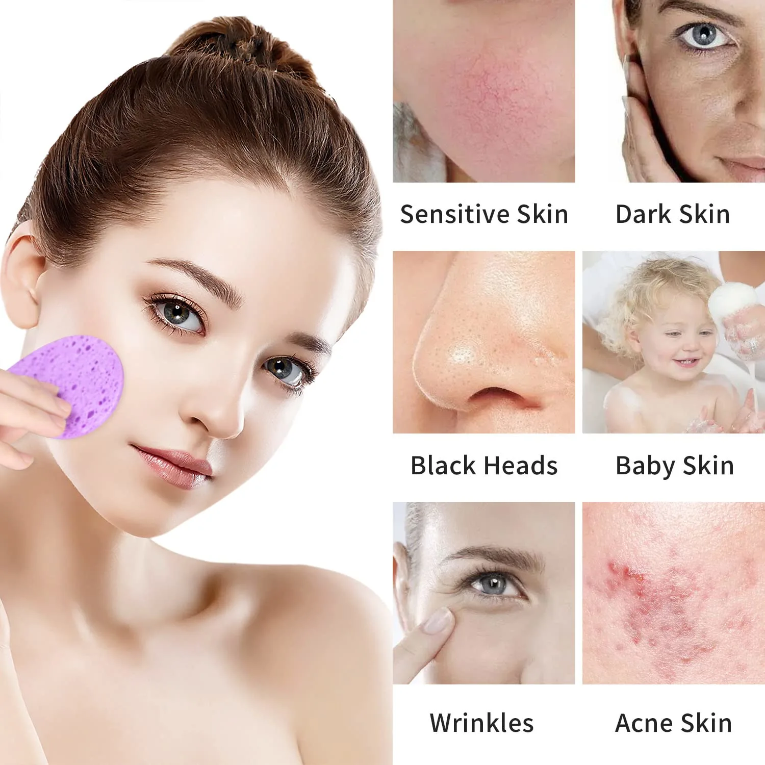50-Count Facial Sponges Compressed Natural Cellulose Sponge Round Shape Face Sponge for Face Cleansing Exfoliating and Makeup Removal, Purple