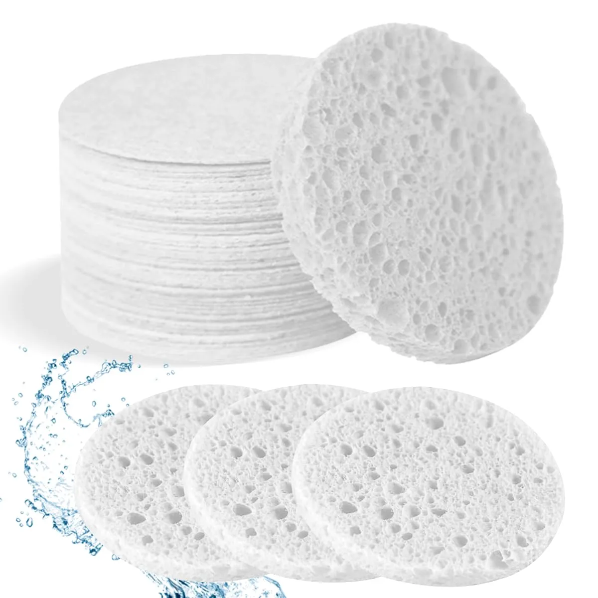 50-Count Facial Sponges Compressed Natural Cellulose Sponge Round Shape Face Sponge for Face Cleansing Exfoliating and Makeup Removal, White