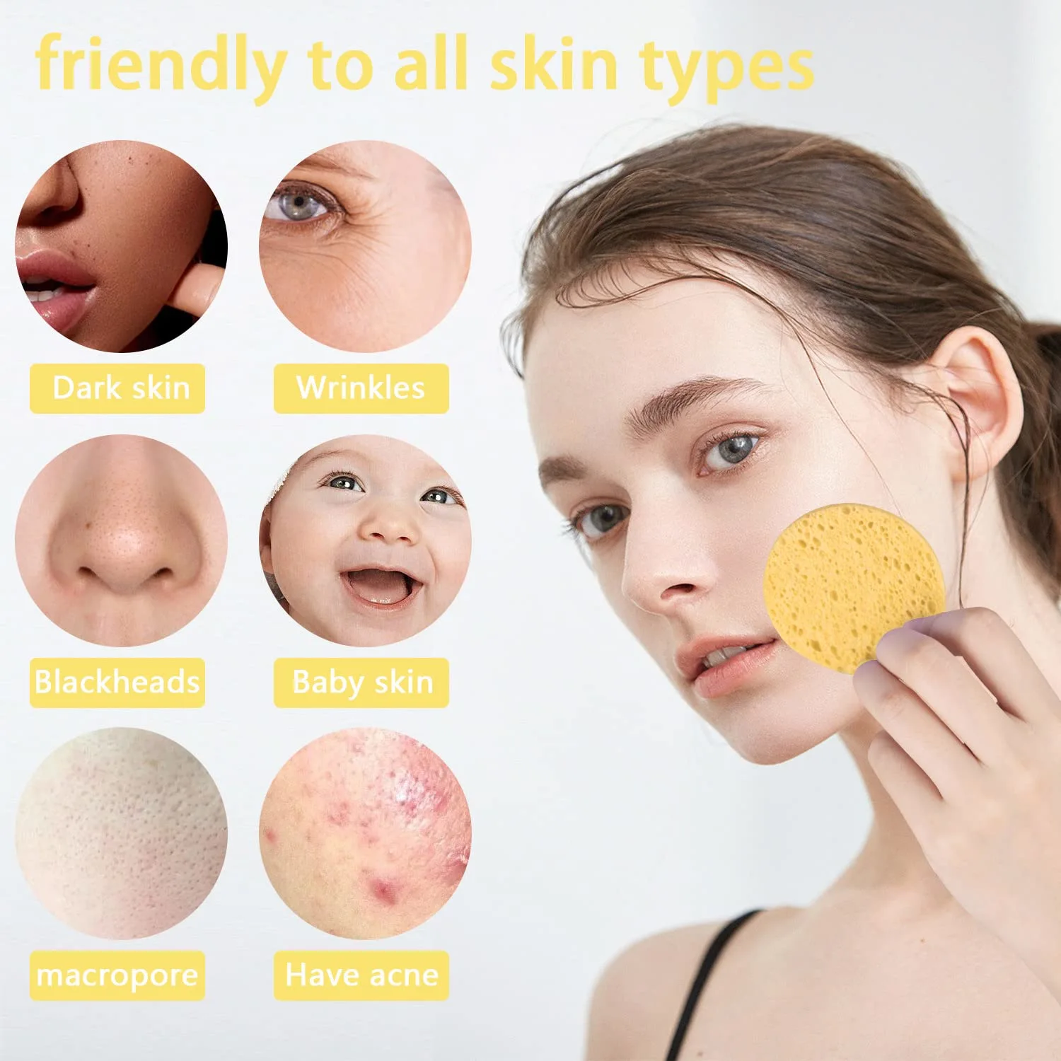 50-Count Facial Sponges Compressed Natural Cellulose Sponge Round Shape Face Sponge for Face Cleansing Exfoliating and Makeup Removal, Yellow