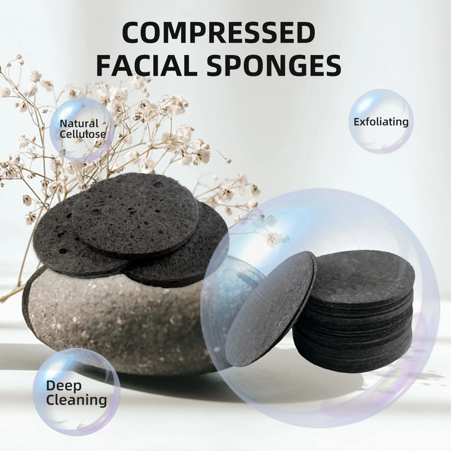 100-Count Facial Sponges Compressed Natural Cellulose Sponge Round Shape Face Sponge for Face Cleansing Exfoliating and Makeup Removal, Black