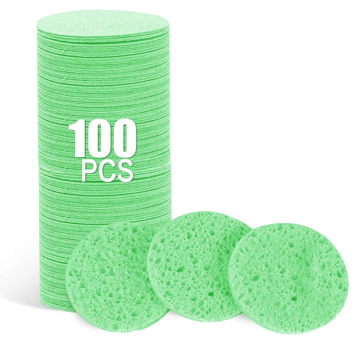 100-Count Facial Sponges Compressed Natural Cellulose Sponge Round Shape Face Sponge for Face Cleansing Exfoliating and Makeup Removal, Green