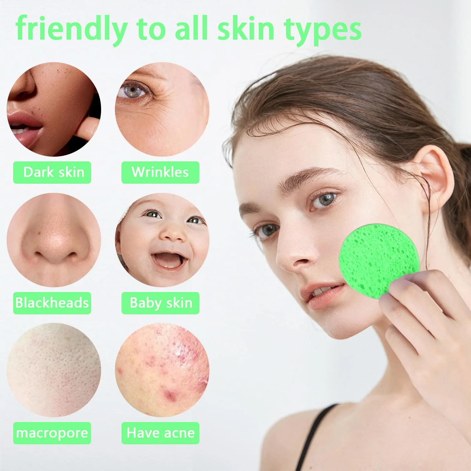 100-Count Facial Sponges Compressed Natural Cellulose Sponge Round Shape Face Sponge for Face Cleansing Exfoliating and Makeup Removal, Green