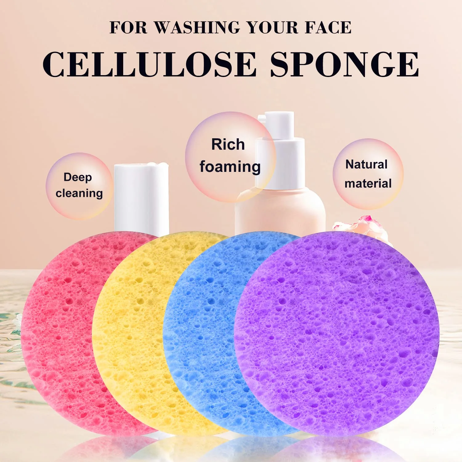 100-Count Facial Sponges - Natural Cellulose, Round Shape - Face Cleansing, Exfoliating, Makeup Removal - Blue, Yellow, Purple, Pink