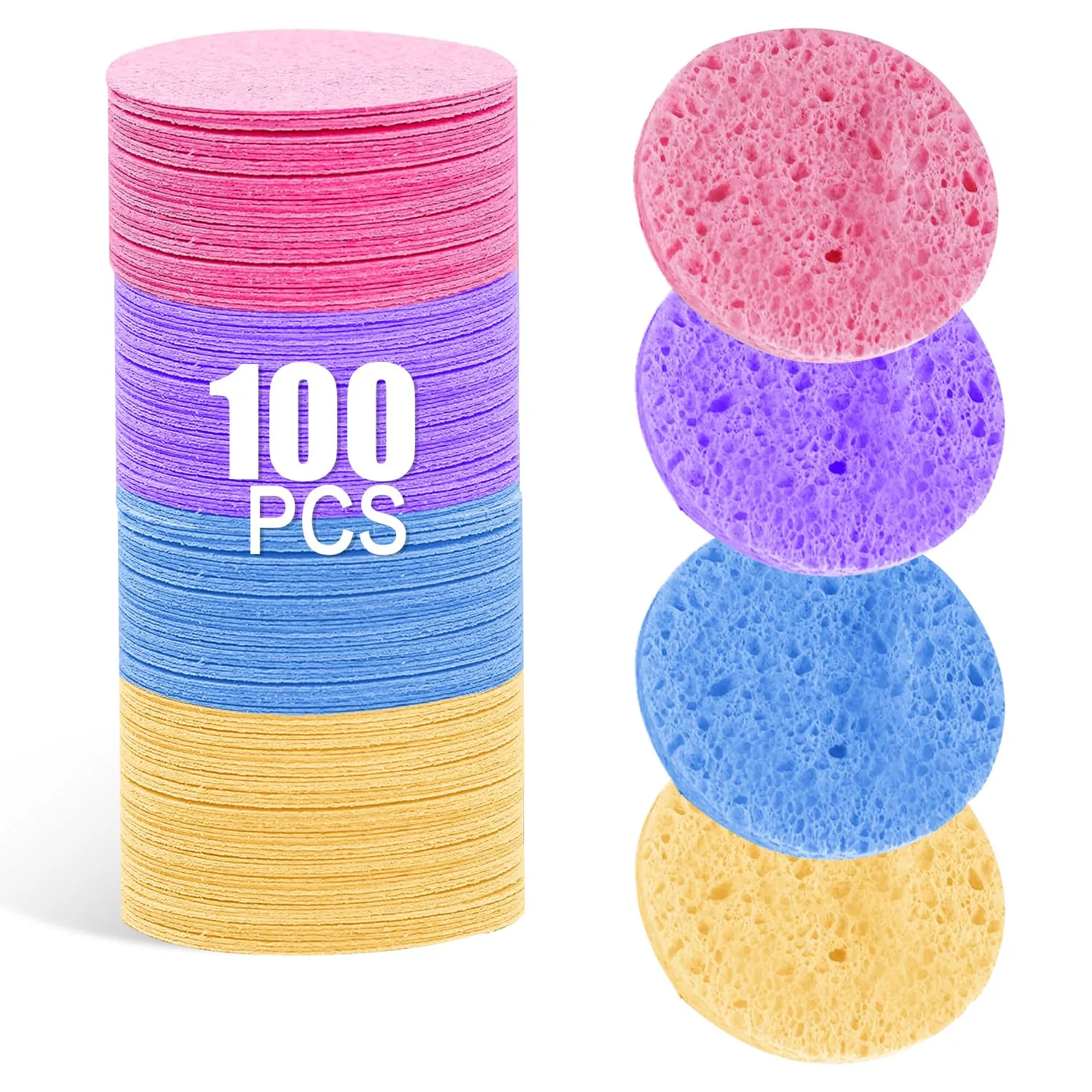 100-Count Facial Sponges - Natural Cellulose, Round Shape - Face Cleansing, Exfoliating, Makeup Removal - Blue, Yellow, Purple, Pink