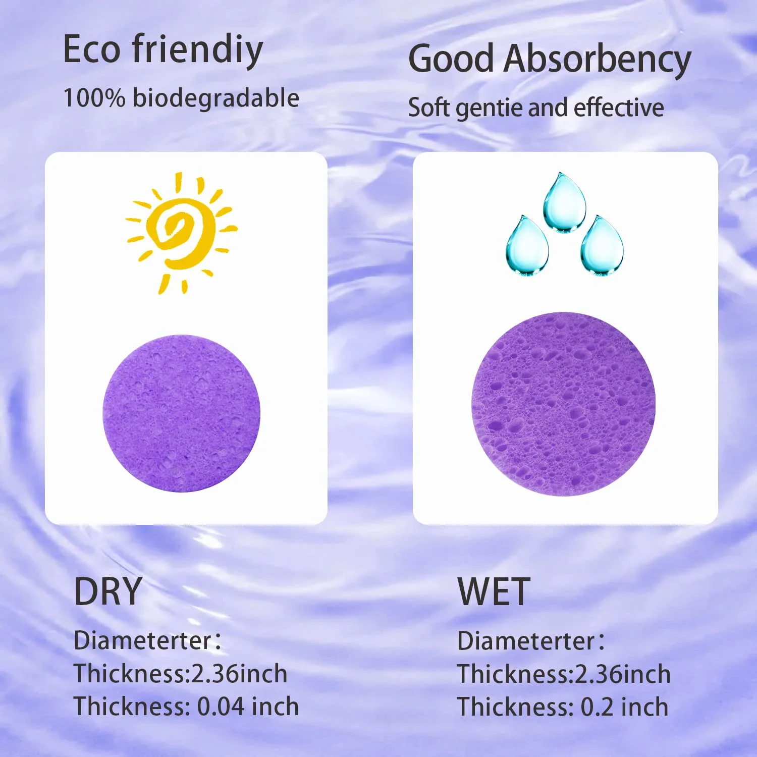 100-Count Facial Sponges Compressed Natural Cellulose Sponge Round Shape Face Sponge for Face Cleansing Exfoliating and Makeup Removal, Purple