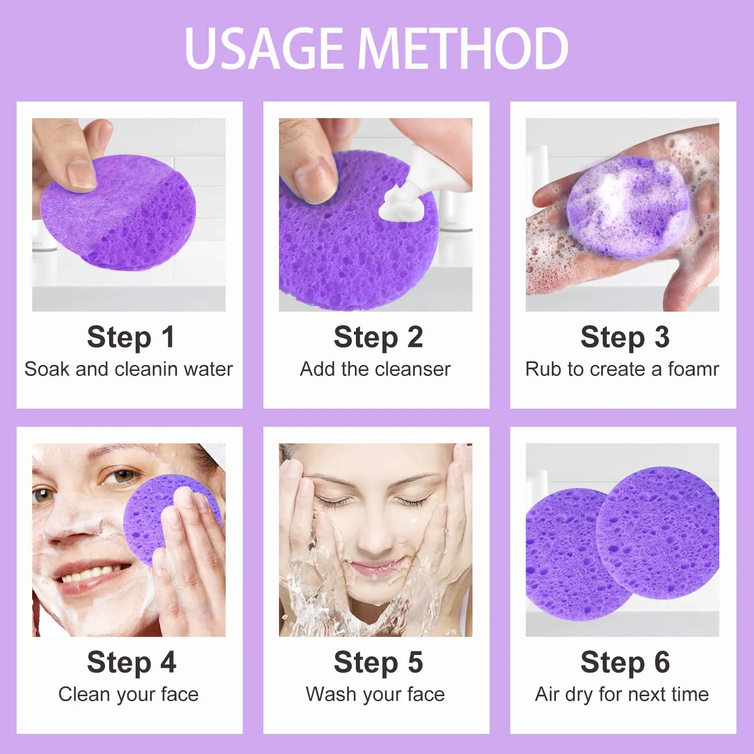 100-Count Facial Sponges Compressed Natural Cellulose Sponge Round Shape Face Sponge for Face Cleansing Exfoliating and Makeup Removal, Purple