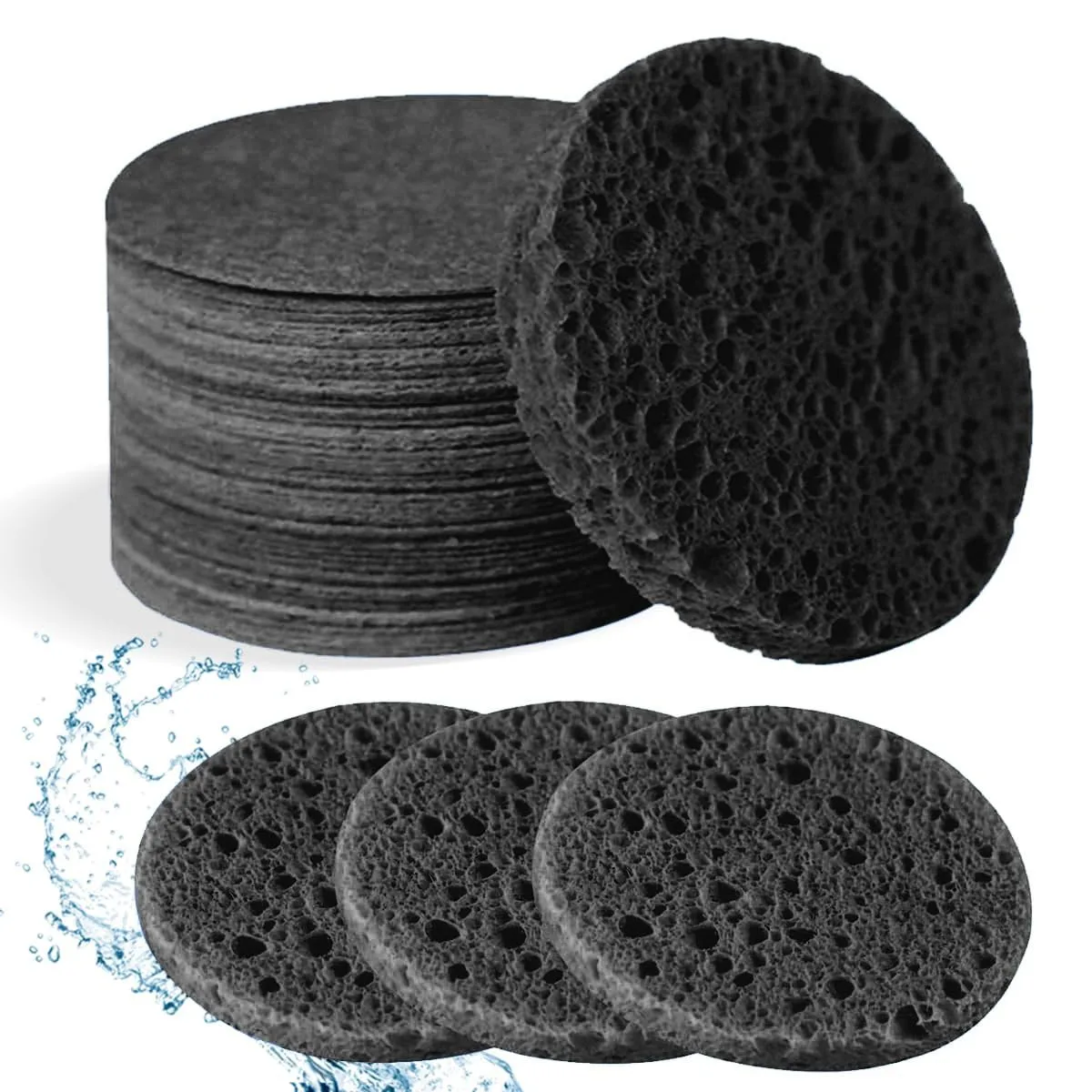 50-Count Facial Sponges Compressed Natural Cellulose Sponge Round Shape Face Sponge for Face Cleansing Exfoliating and Makeup Removal, Black