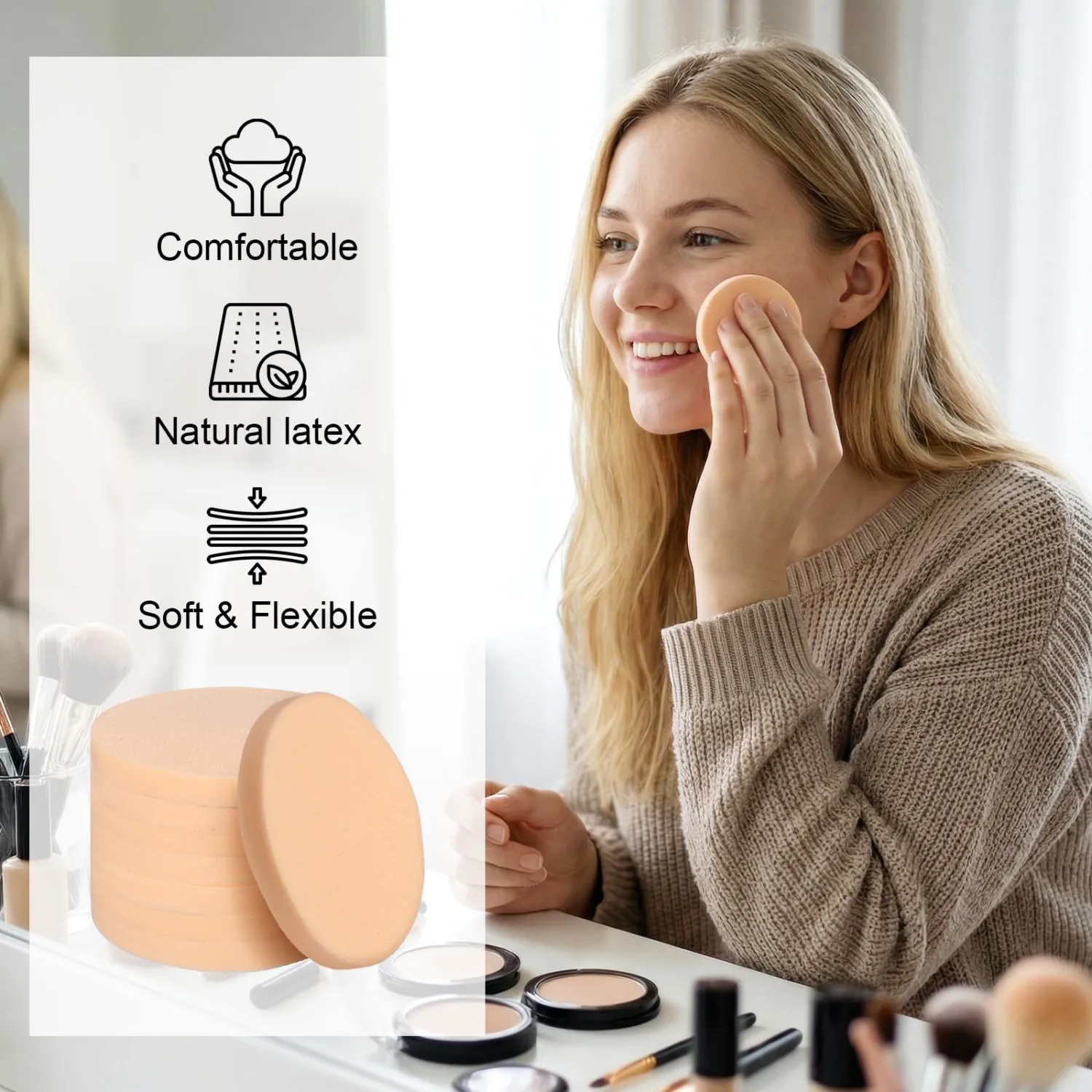 12 PCS Nude Round Makeup Sponge Flat Make Up Sponges Smooth Cosmetic Sponge Facial Powder Puff Eye Foundation Beauty Makeup Pads for Women Lady All Skin Types Wet and Dry Dual Use