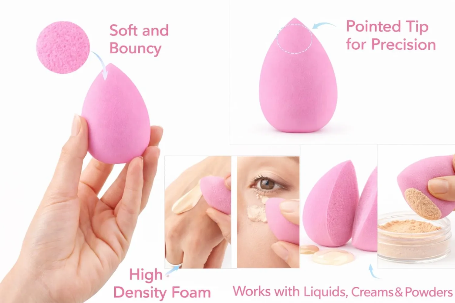 Makeup Sponge Blender, 3 Pack, Pink, Flawless Foundation Blending, Latex-Free Cosmetic Applicator Puff for Liquid, Cream, & Powder