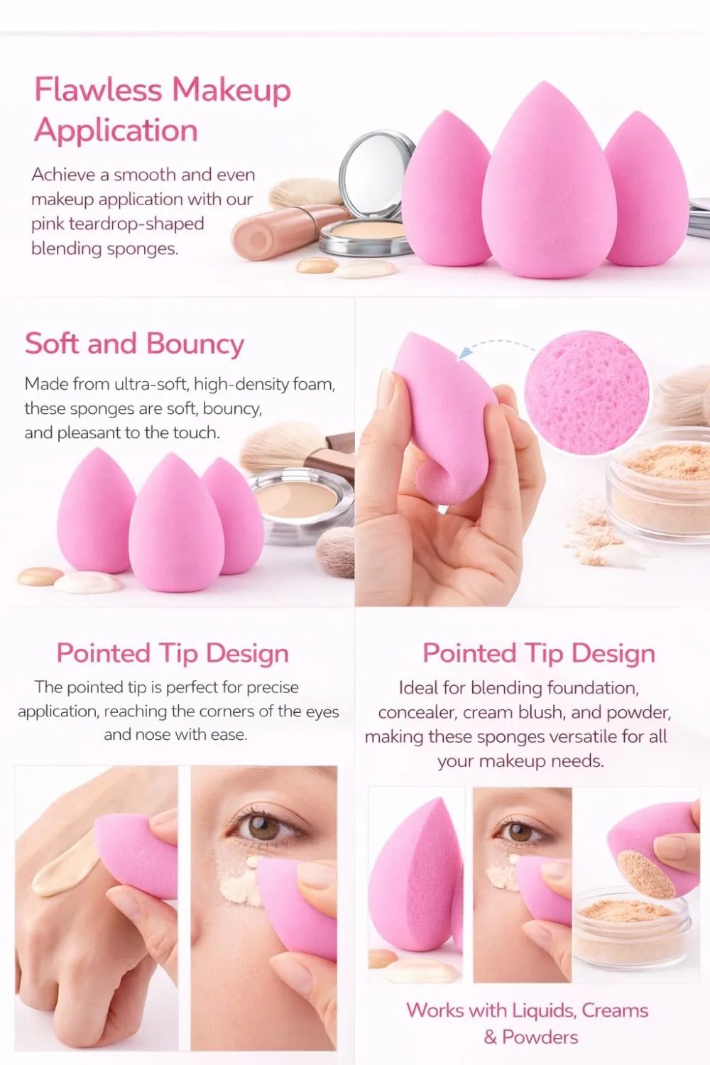 Makeup Sponge Blender, 3 Pack, Pink, Flawless Foundation Blending, Latex-Free Cosmetic Applicator Puff for Liquid, Cream, & Powder